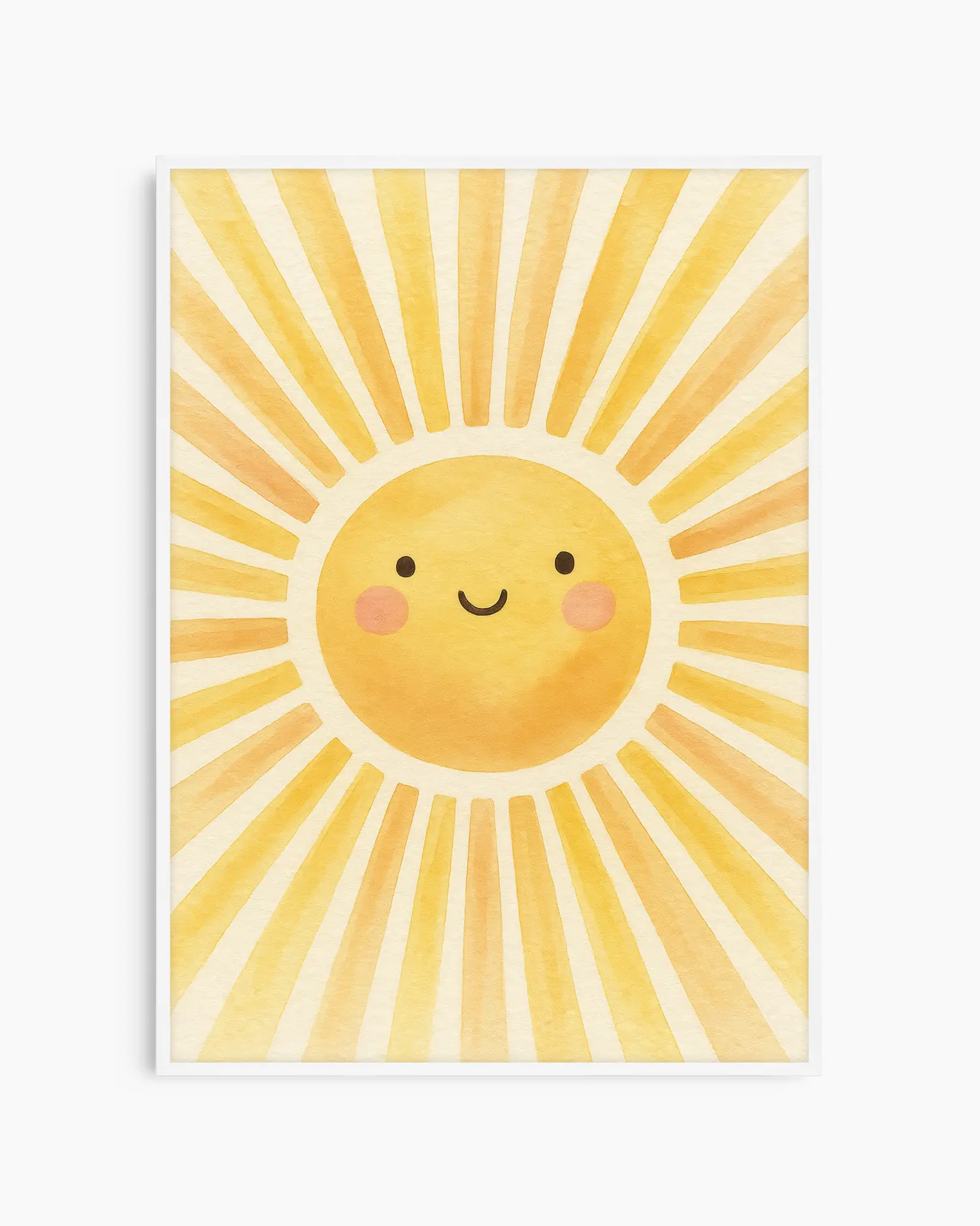 Children's poster of a sun with a smiling face on a yellow background framed in a white wooden frame.