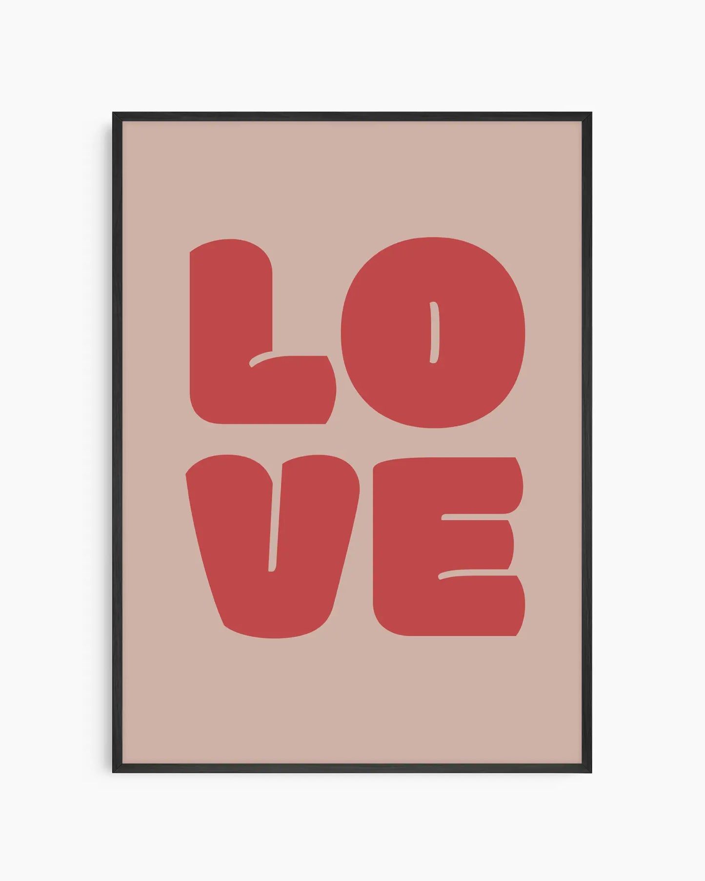 Children's poster with red 'LOVE' text framed in a black wooden frame.