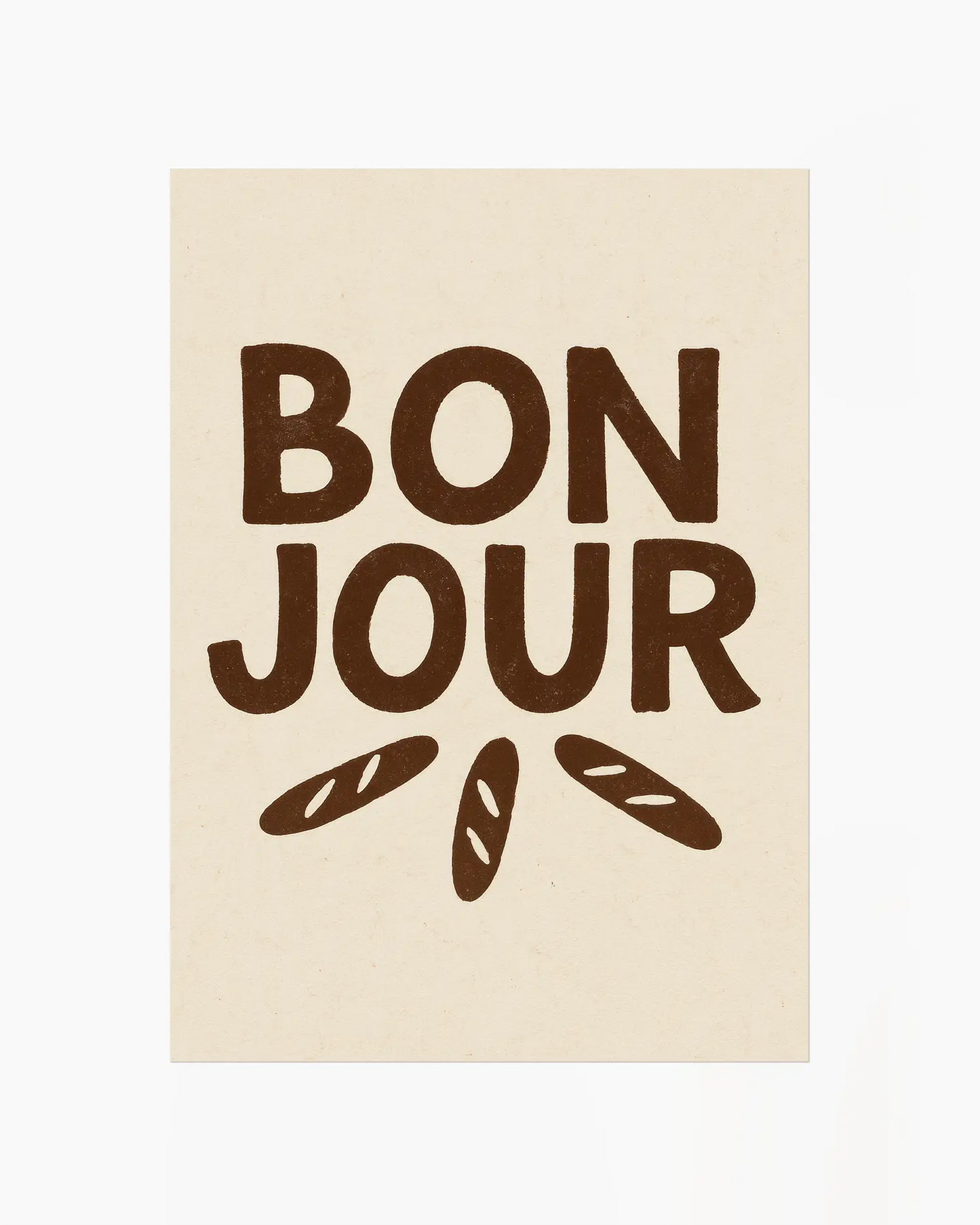 Beige poster with 'Bonjour' text and bread illustrations in brown.