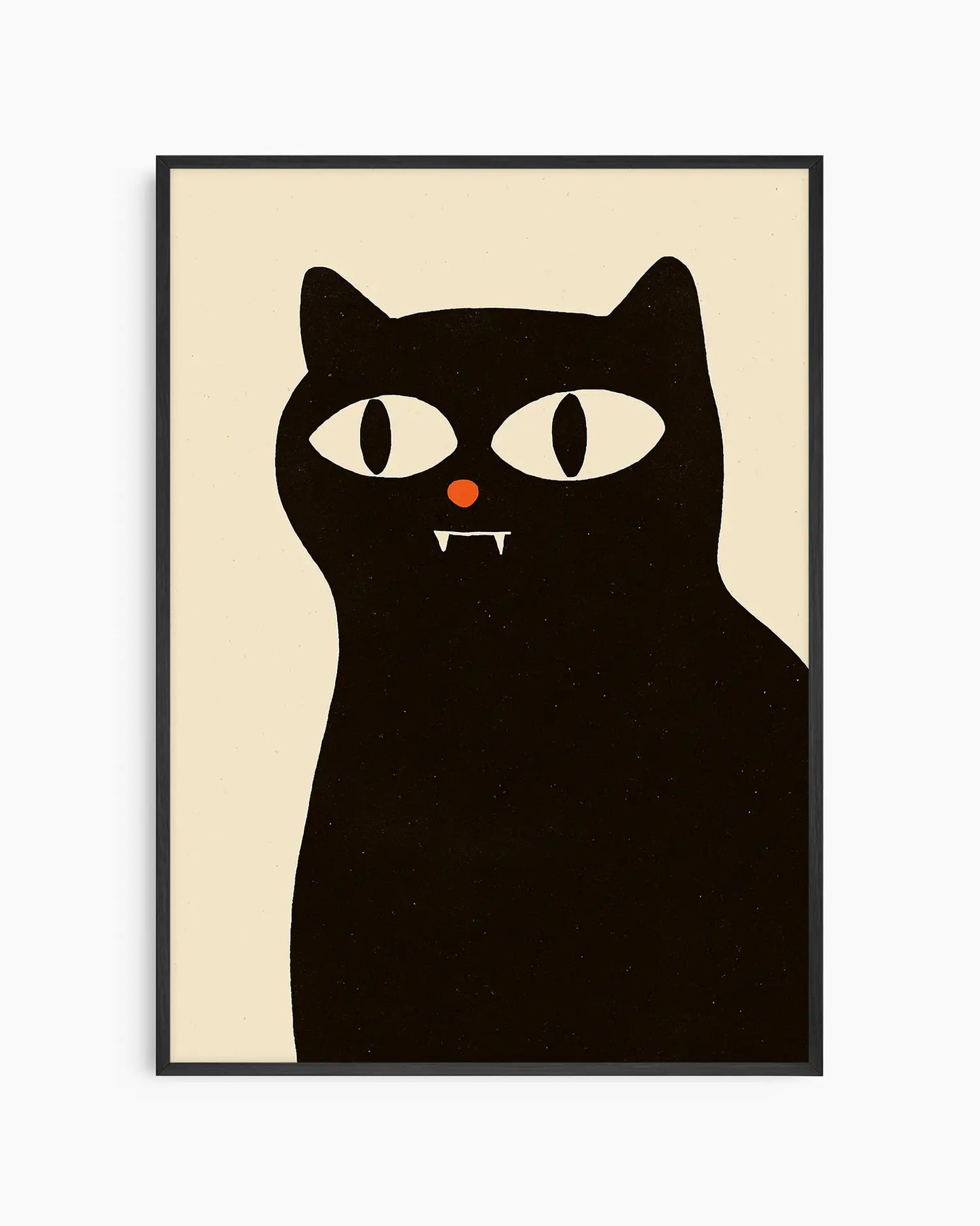 Illustration of a black vampire cat with a red nose on a beige background framed in a black frame