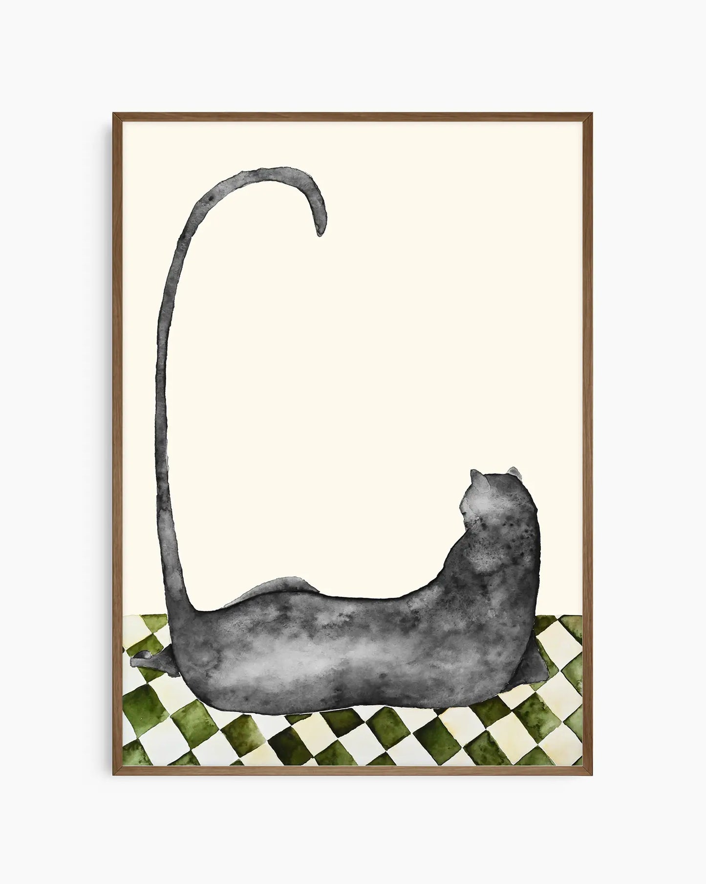 Illustration of a black cat lying on a checkered floor with a cream colored background framed in a dark oak frame.