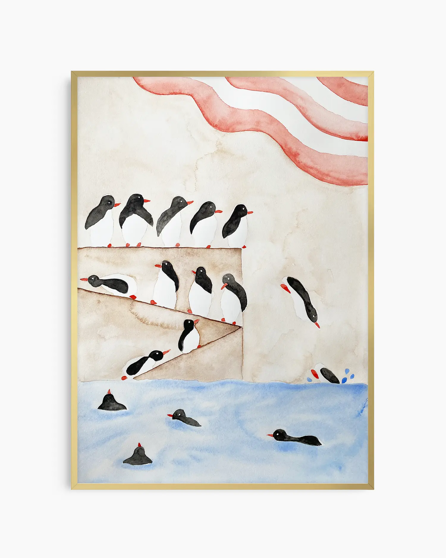 Illustration of penguins diving into the water inside of a gold aluminium frame.