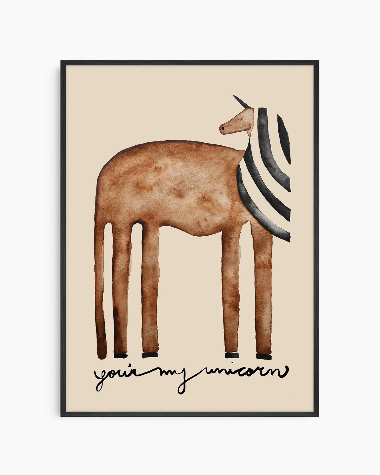 Illustration of a brown unicorn and striped mane on a beige background with text 'you're my unicorn' inside of a black frame.
