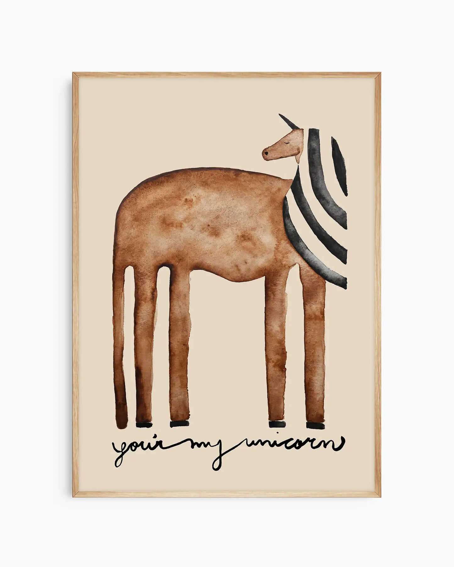 Illustration of a brown unicorn and striped mane on a beige background with text 'you're my unicorn' inside of an oak frame.