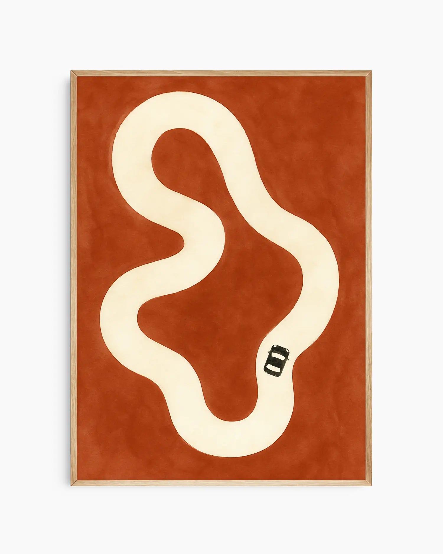 Nursery poster with a black car on a beige race track framed in an oak frame.