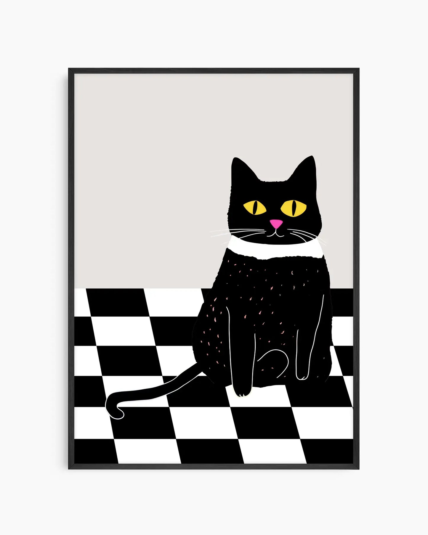 Framed illustration of a black cat with yellow eyes and a pink nose on a checkered floor.