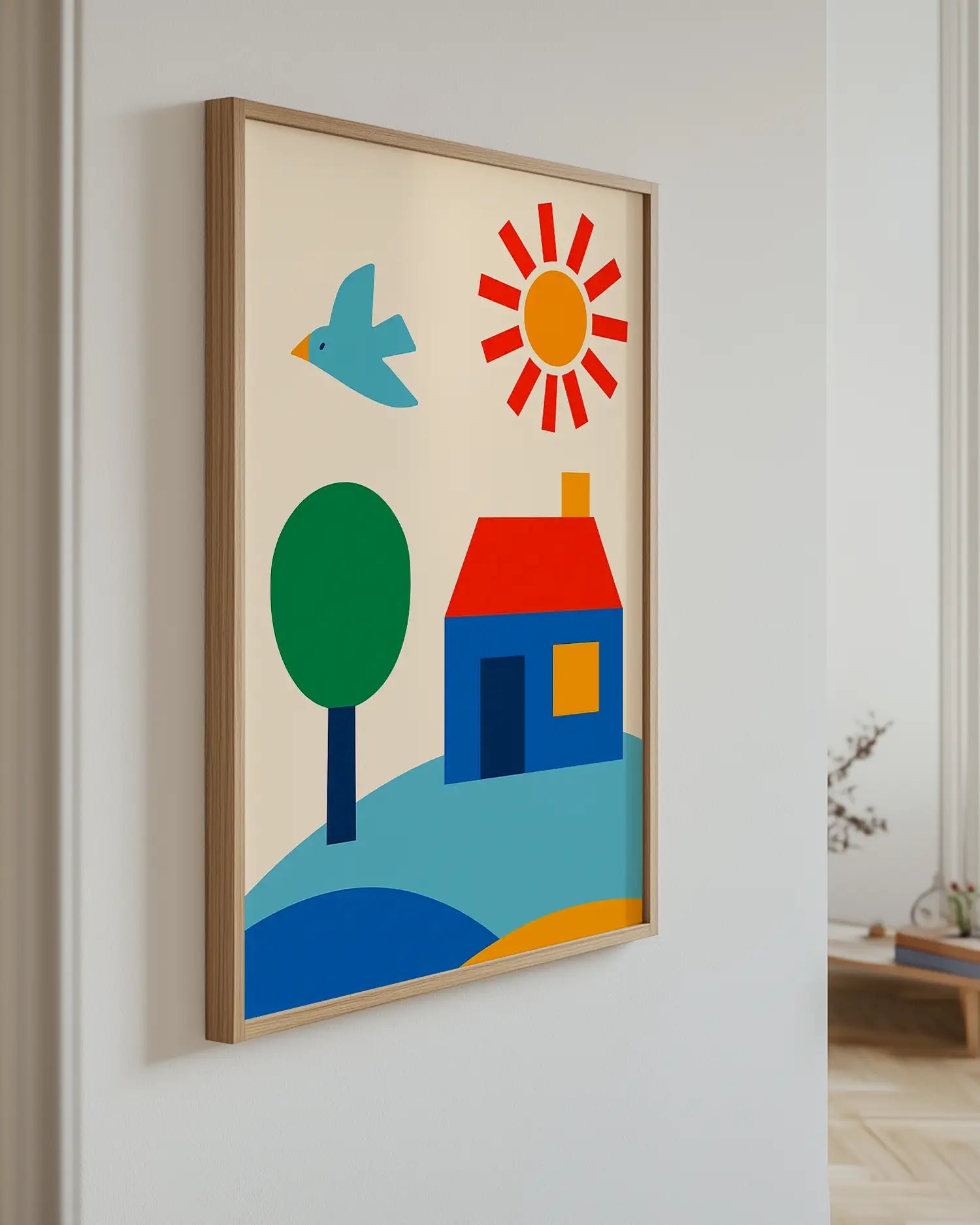 Colorful abstract artwork of a house, tree, and sun on a beige background