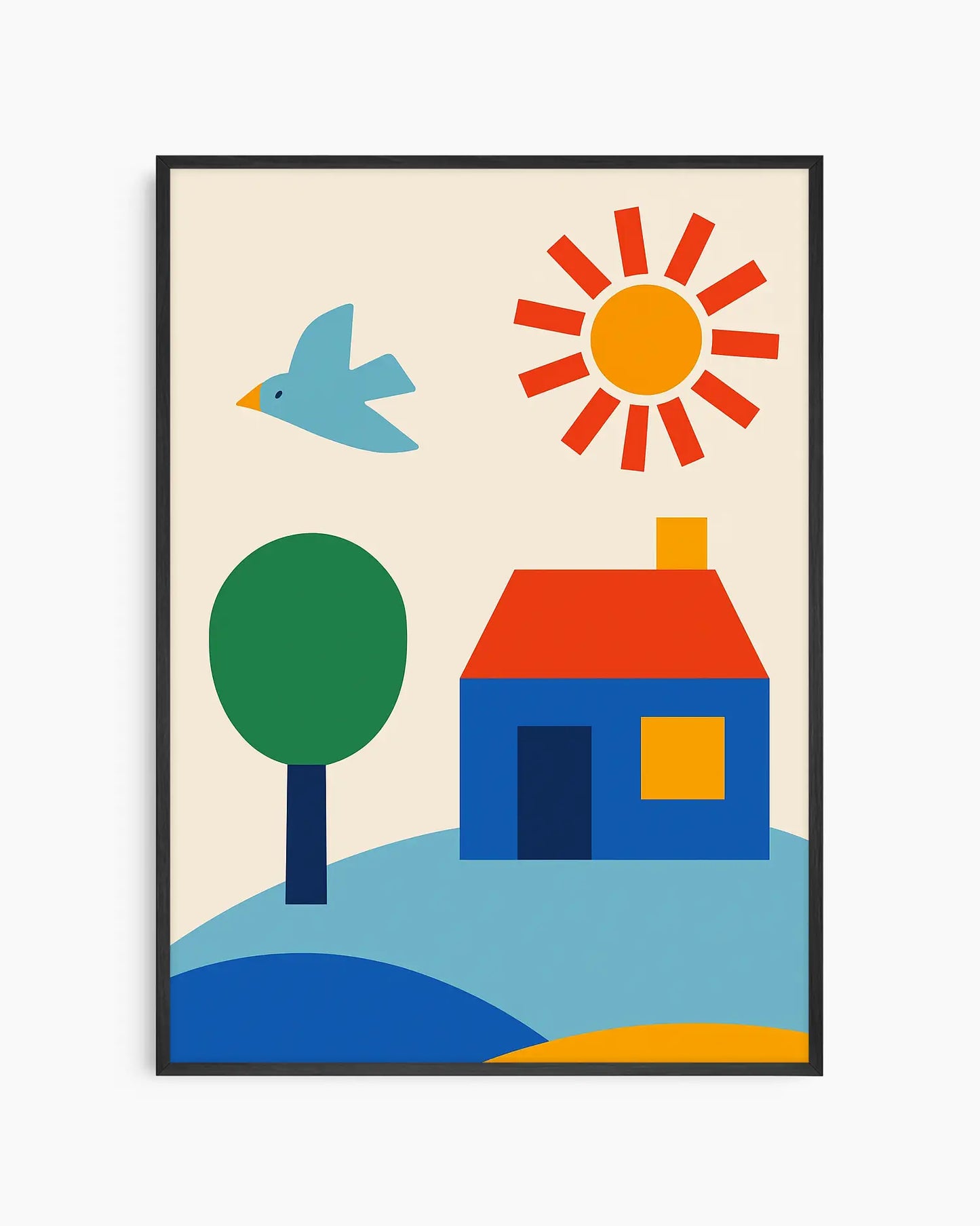 Colorful nursery poster of a house, tree, sun, and bird on a beige background framed in a black wooden frame