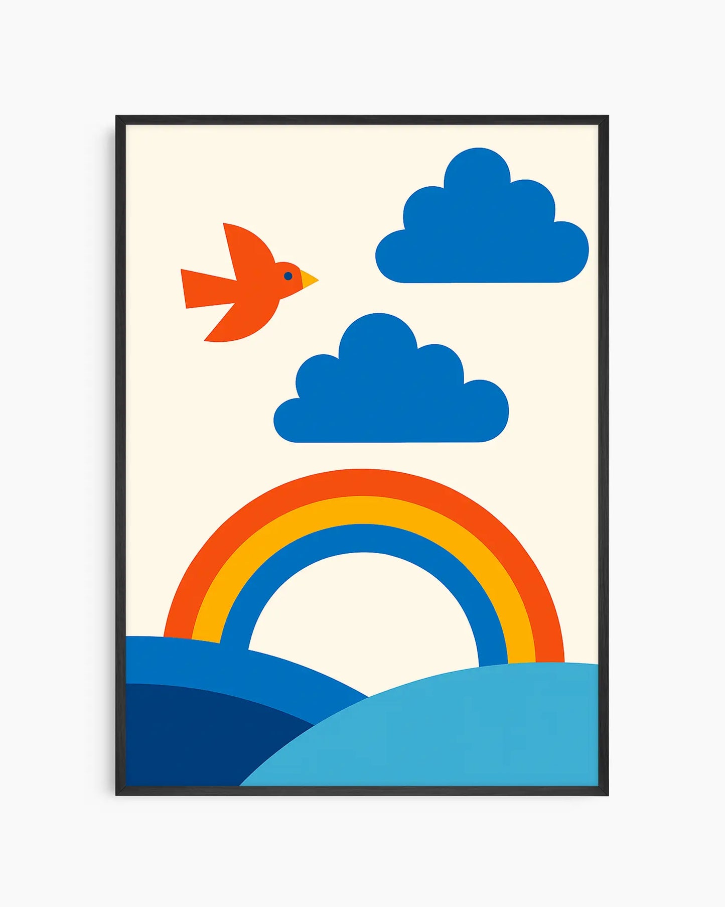 A fun and colorful nursery poster of a rainbow, clouds, and a bird on a beige background, framed in a black wooden frame.