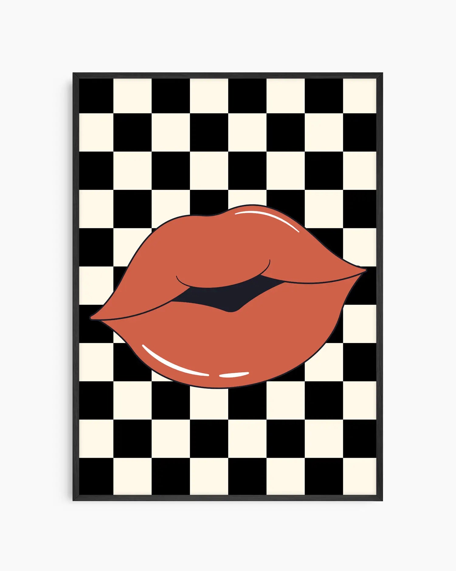 Poster with kissing red lips design on a black and white checkered background. Black frame.