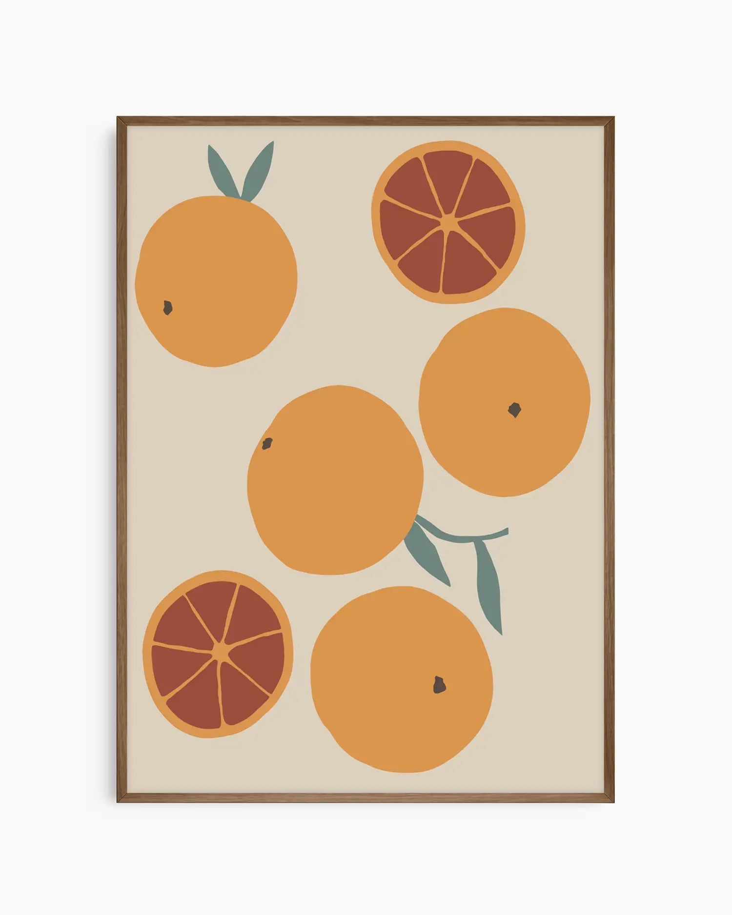 Warm, minimalist wall art in pastel golden yellow tones on a pastel golden yellow background, shown in a dark oak frame.