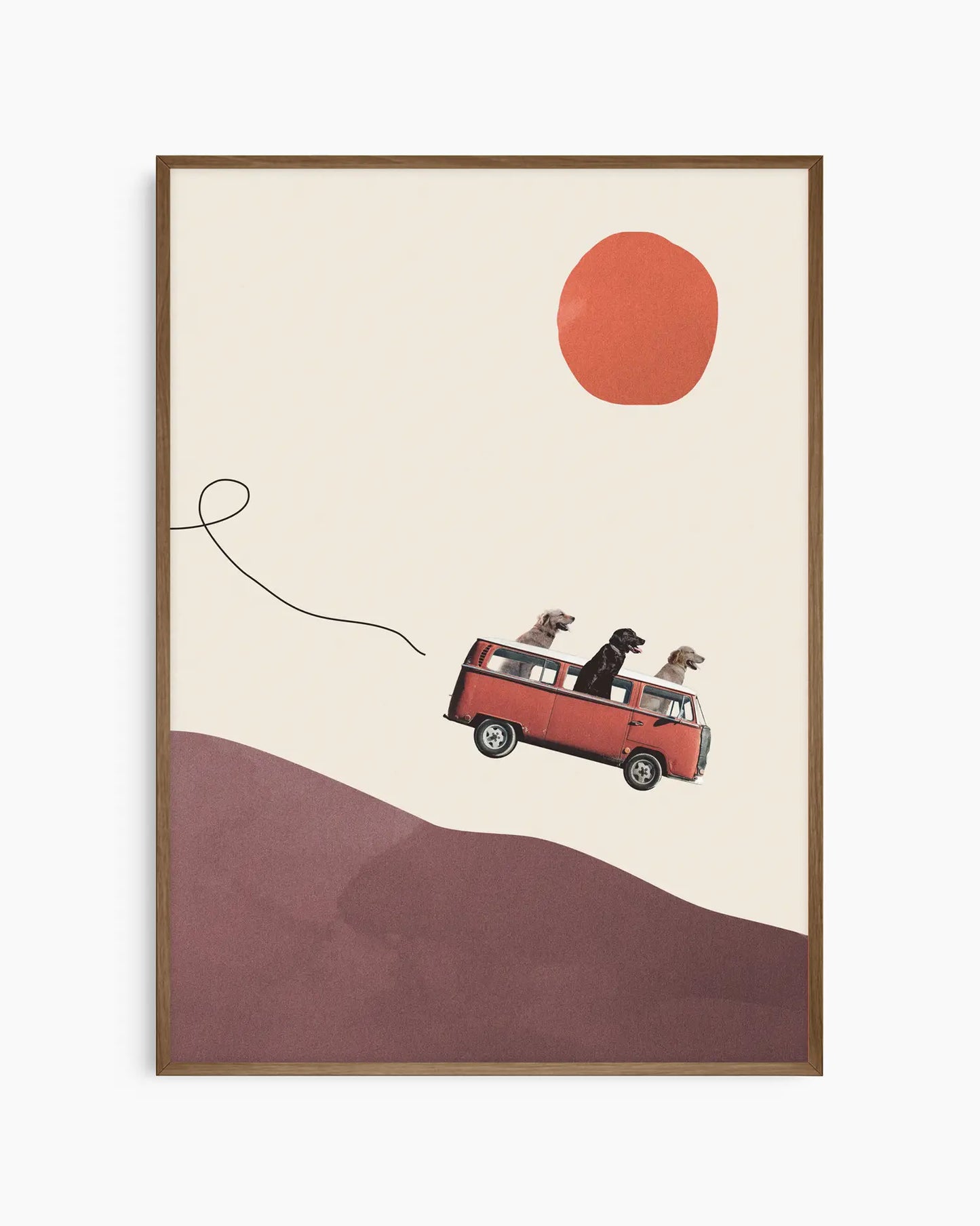 Warm, minimalist wall art in light gray tones on a light gray background, shown in a dark oak frame.