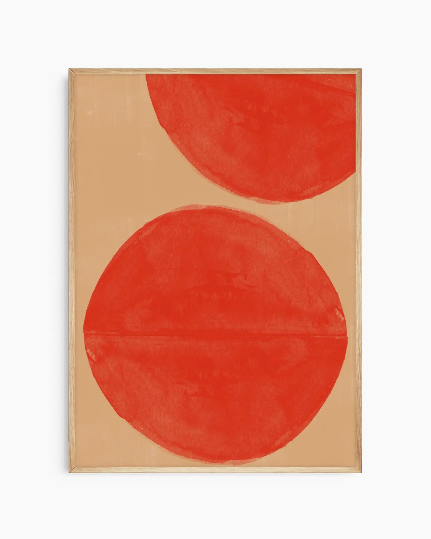 Warm, minimalist wall art in bright red tones on a bright red background, shown in a oak frame.