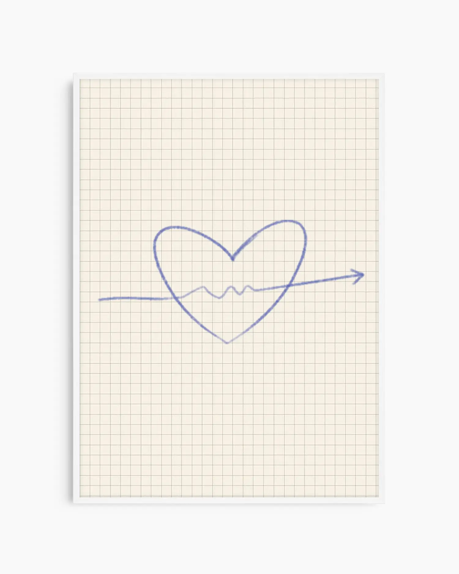 Heart shape drawn on grid paper with blue line, in a white frame