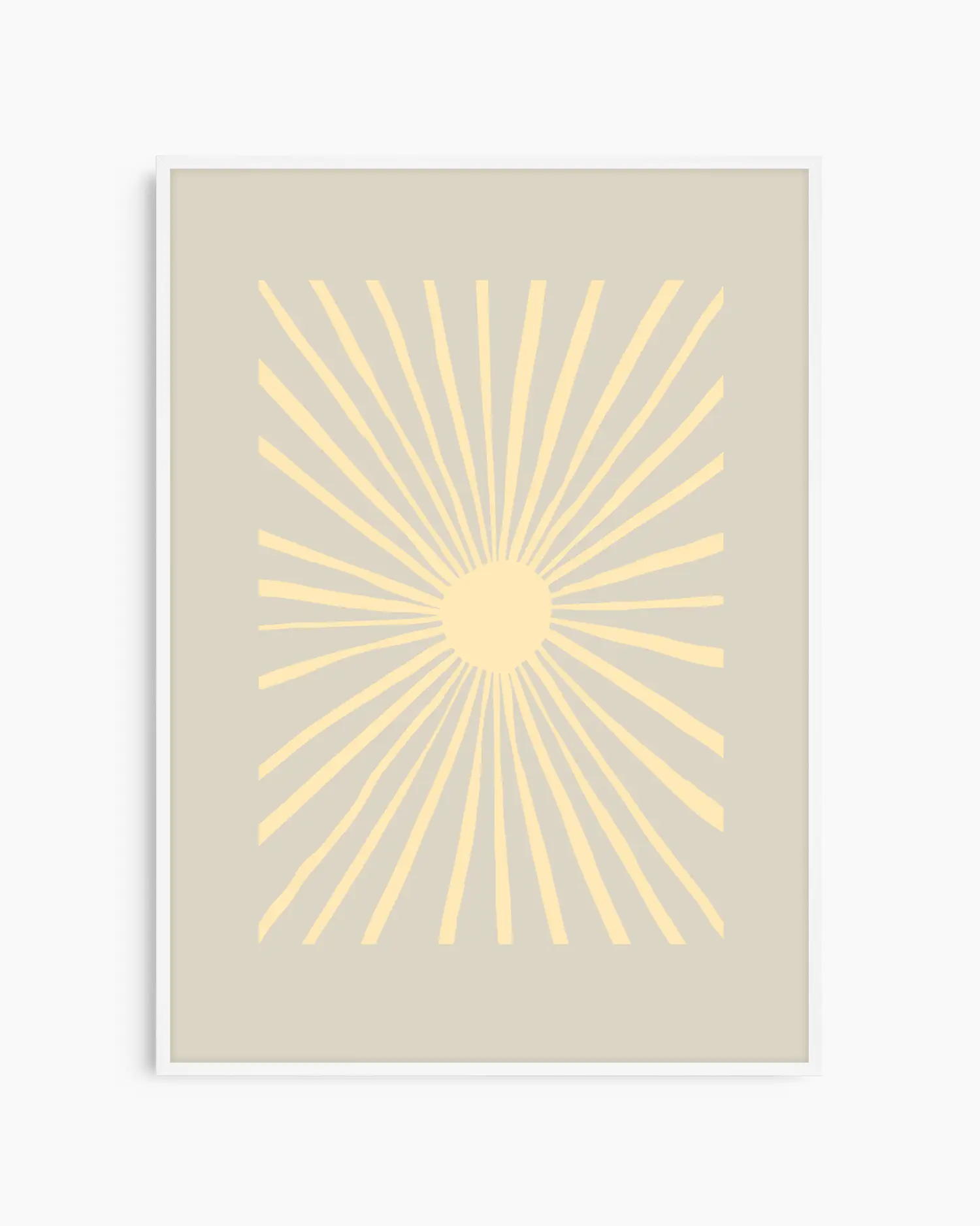 Framed artwork with a yellow sunburst design on a beige background