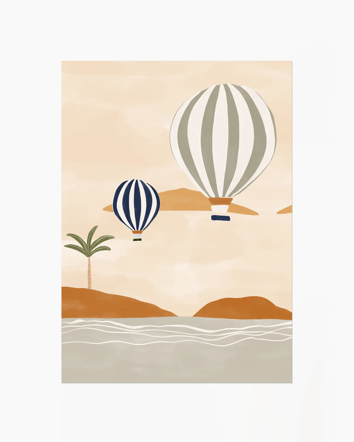 Illustration of two hot air balloons over a beach with palm trees and sand.