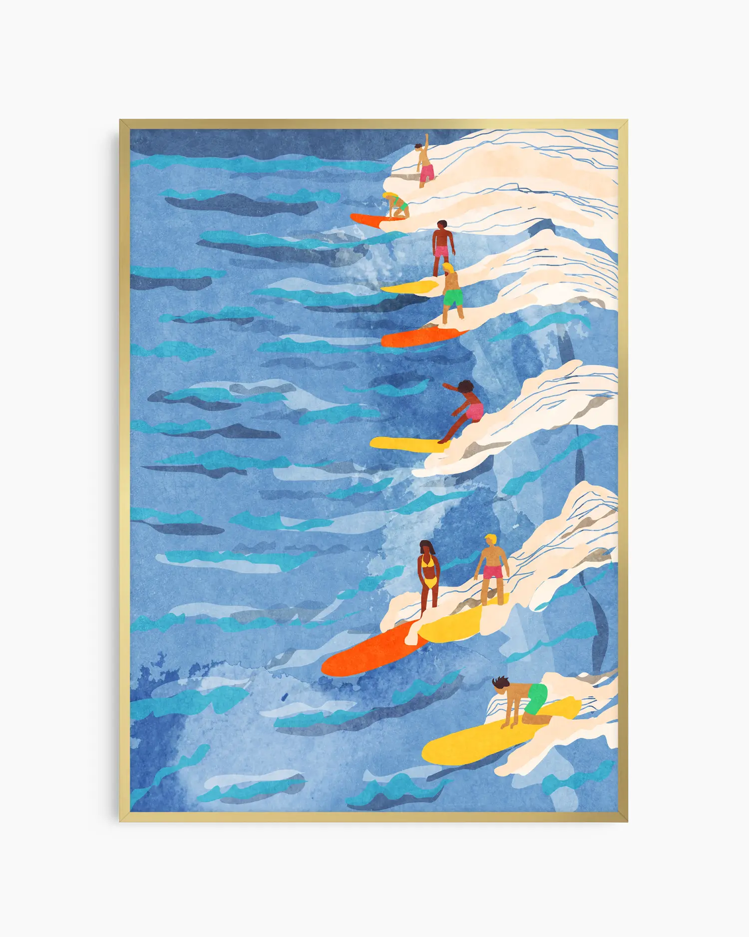 Art print of surfers on colorful boards in a blue ocean with white waves.