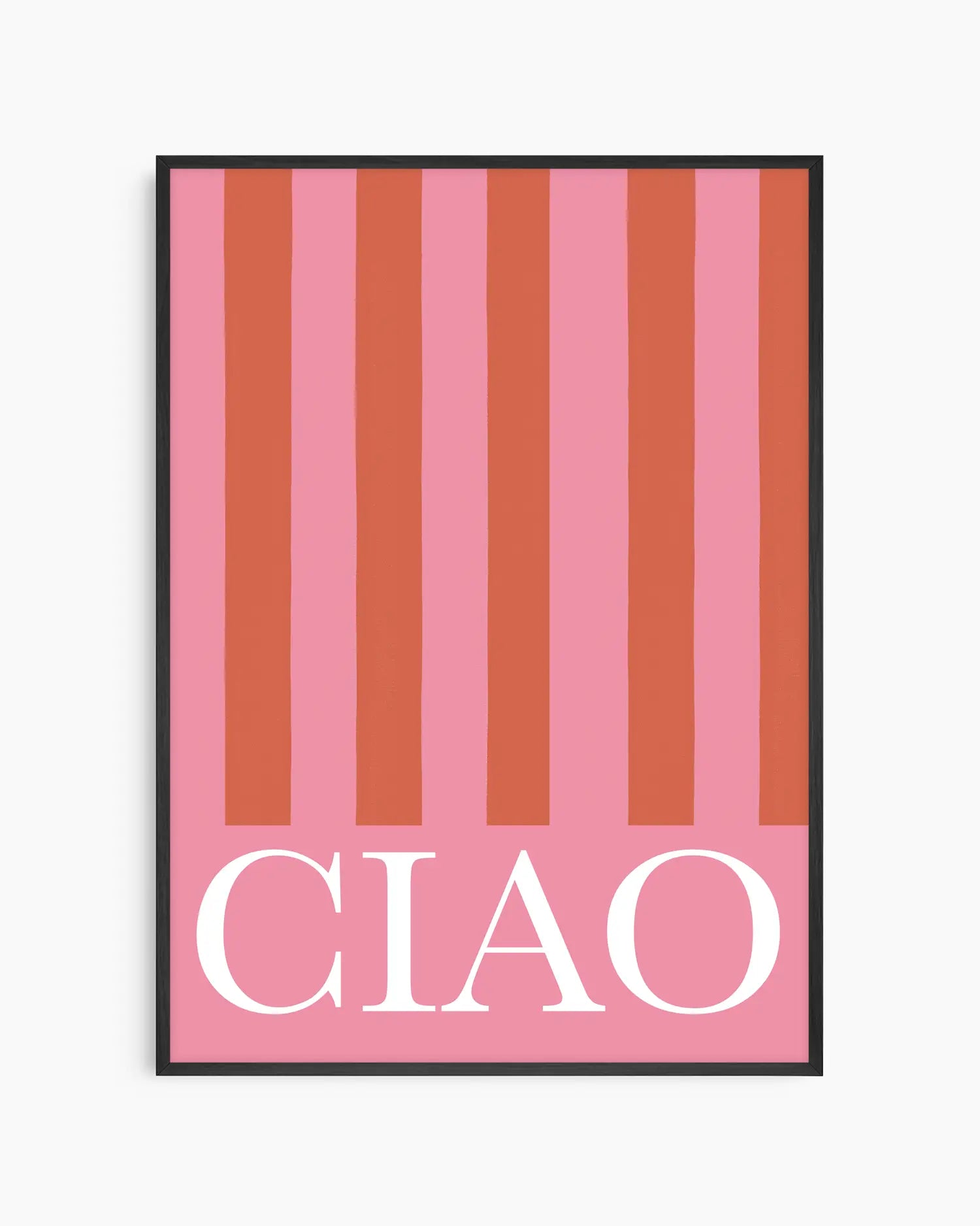 Poster with vertical stripes in pink and brown with 'CIAO' text on a white background