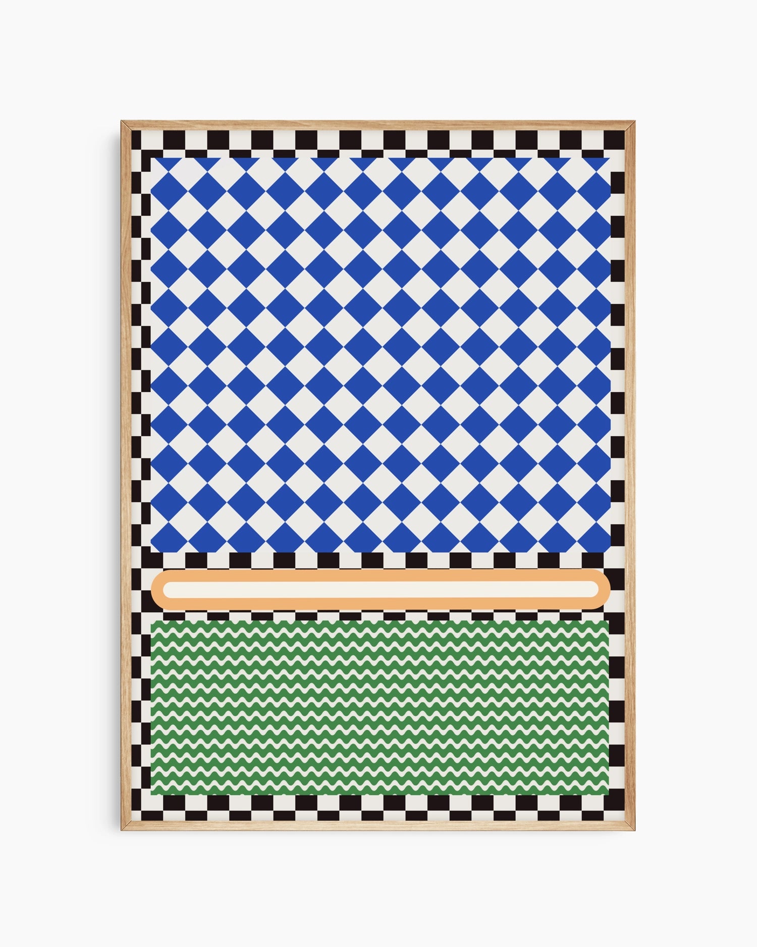 Framed artwork with blue and white checkered pattern at the top, green and white zigzag pattern at the bottom, and a brown rectangular element in the middle.