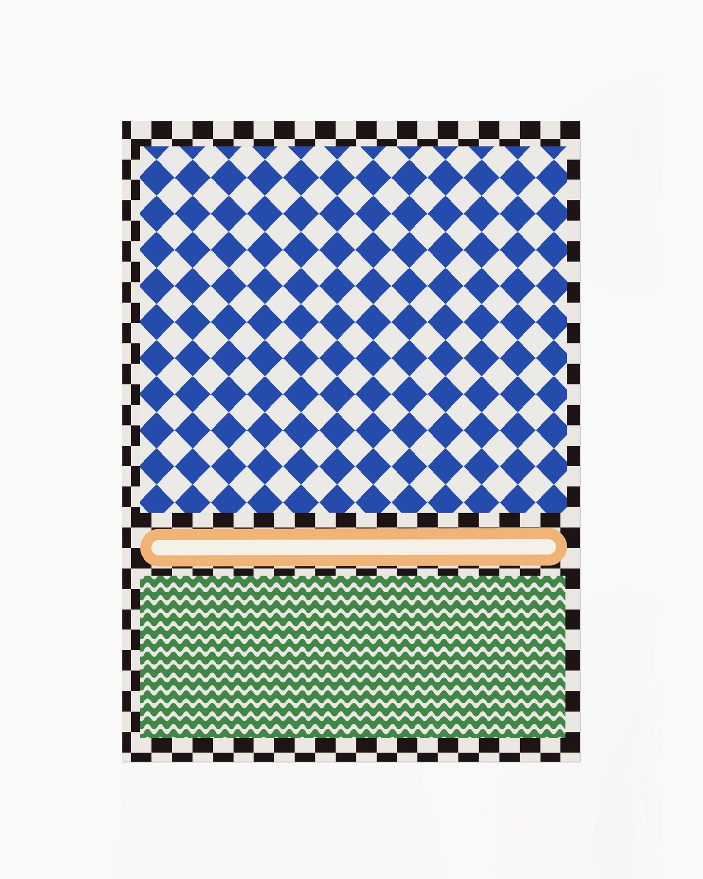 Checkered pattern with blue, white, and green sections on a white background