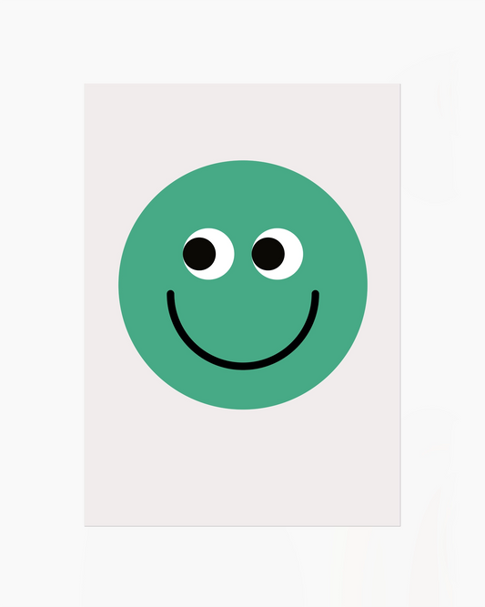 Green smiley face with black outline on a white background