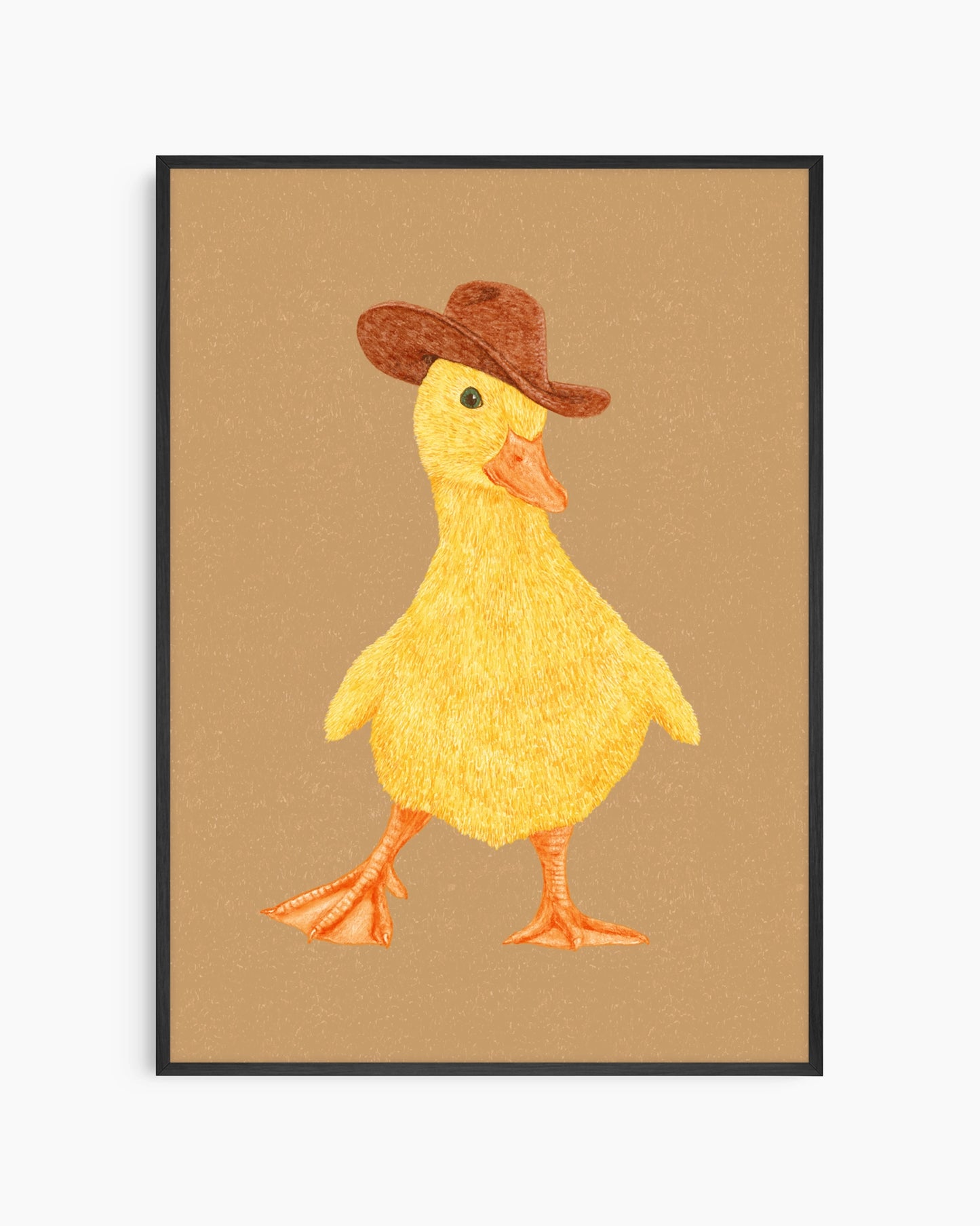 Framed artwork of a yellow duck wearing a brown hat on a beige background