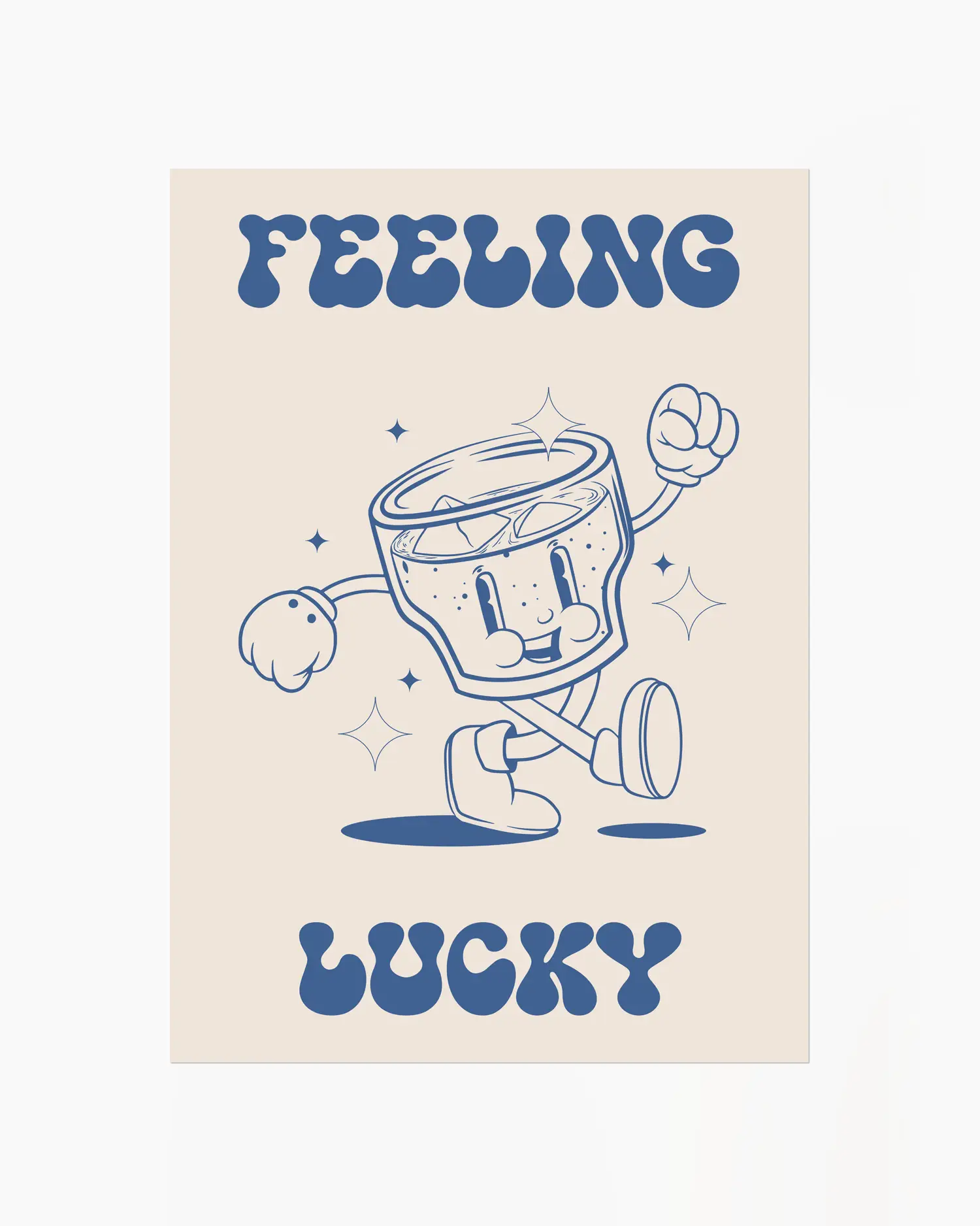 Cartoon glass character with arms and legs on a beige background with 'Feeling Lucky' text.
