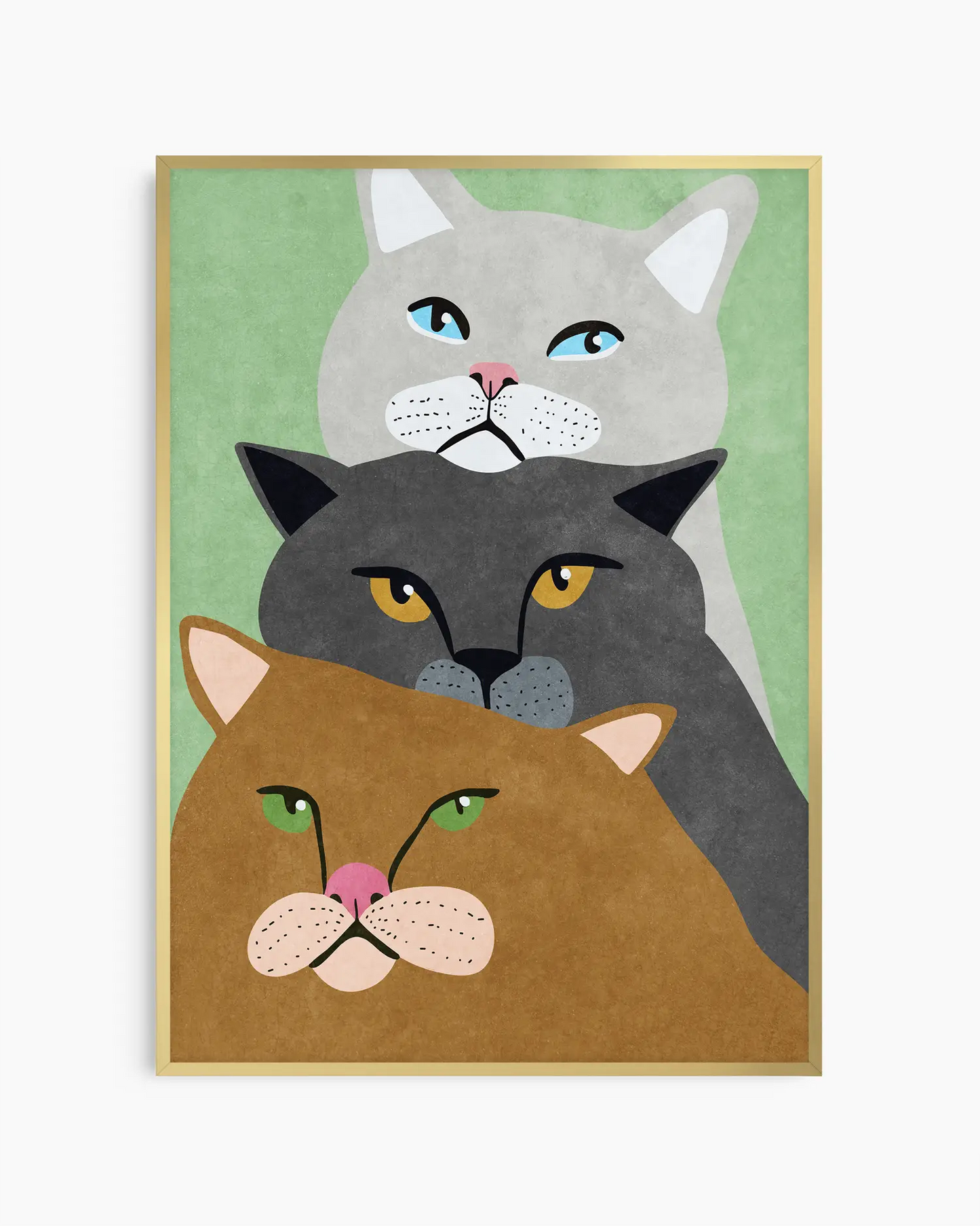 Framed artwork of three cats with different colors and expressions on a green background.