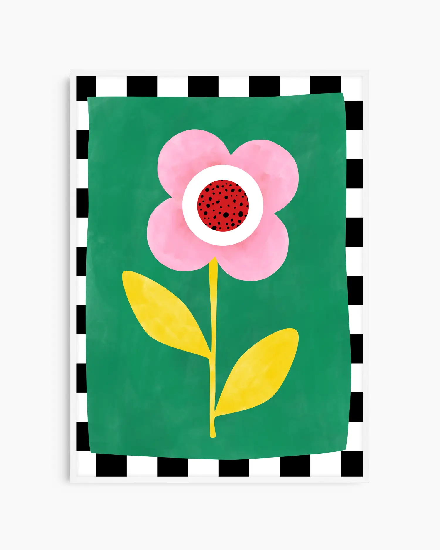 Floral design with pink flower and yellow leaves on a green background with black and white checkered border