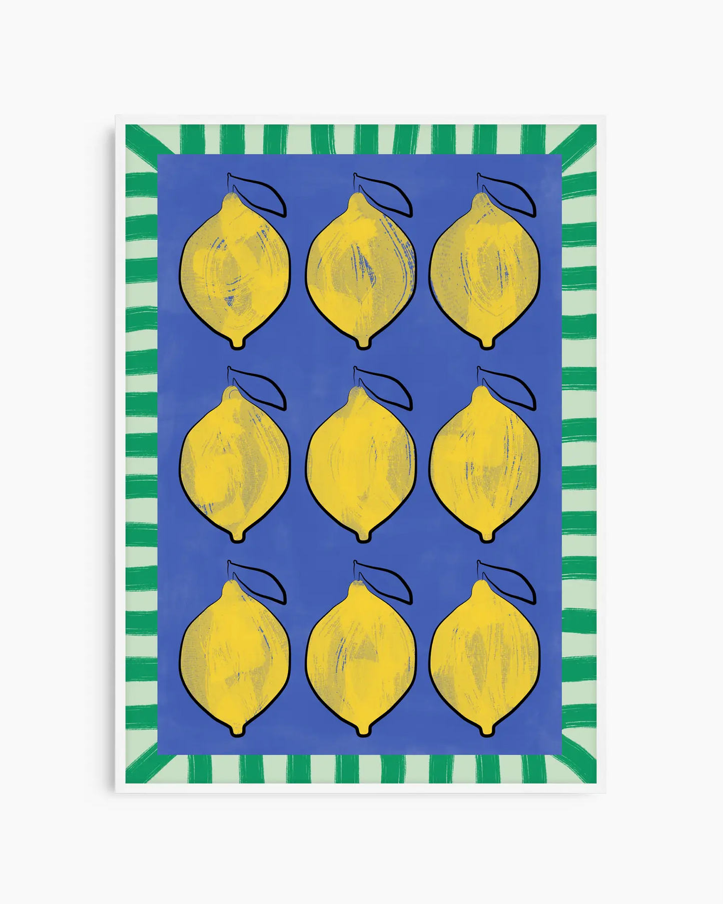 Poster with yellow lemon illustrations on a blue background with green and white striped border