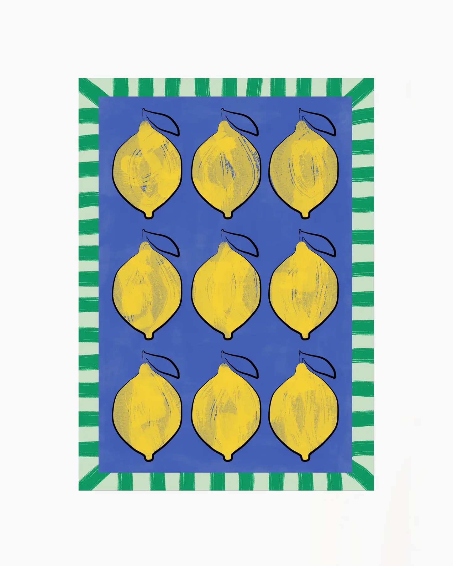 Poster with yellow lemon illustrations on a blue background with green and white striped border