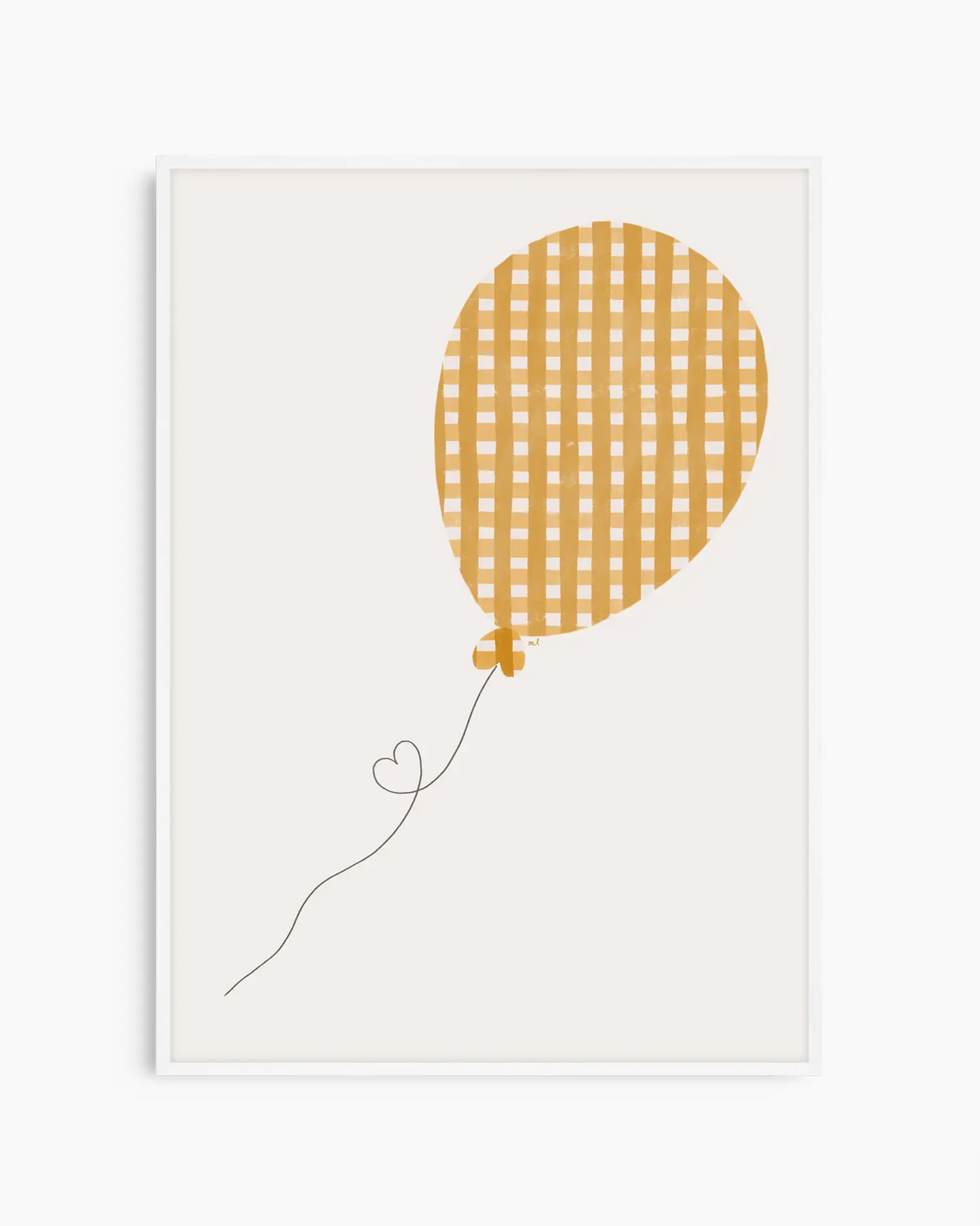 Framed artwork of a yellow checkered balloon on a white background