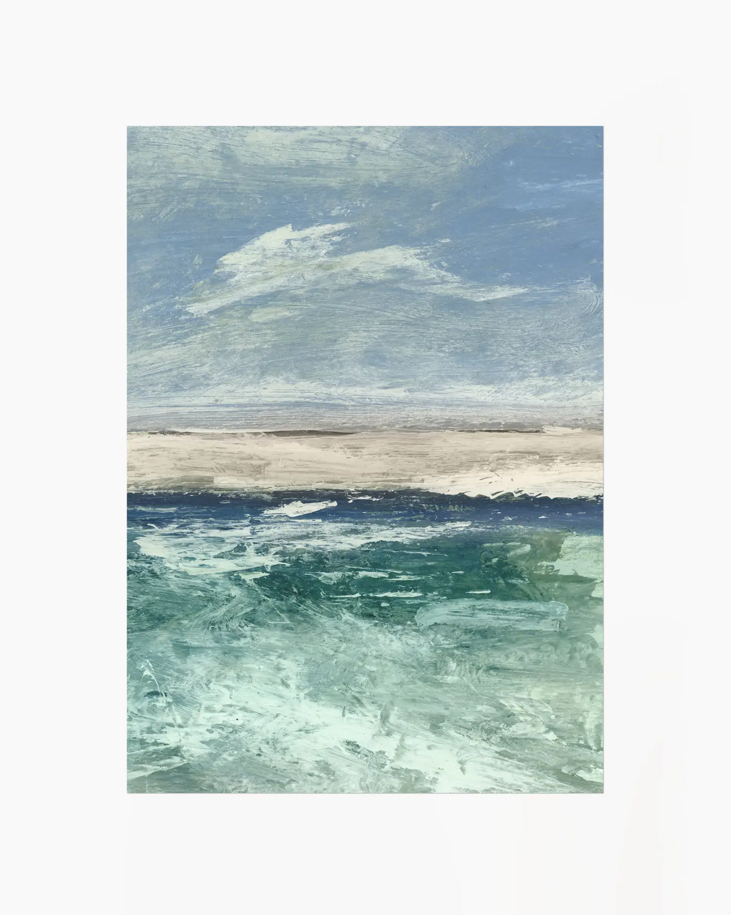 Art print of a coastal scene with blue sky, white clouds, and greenish-blue water.