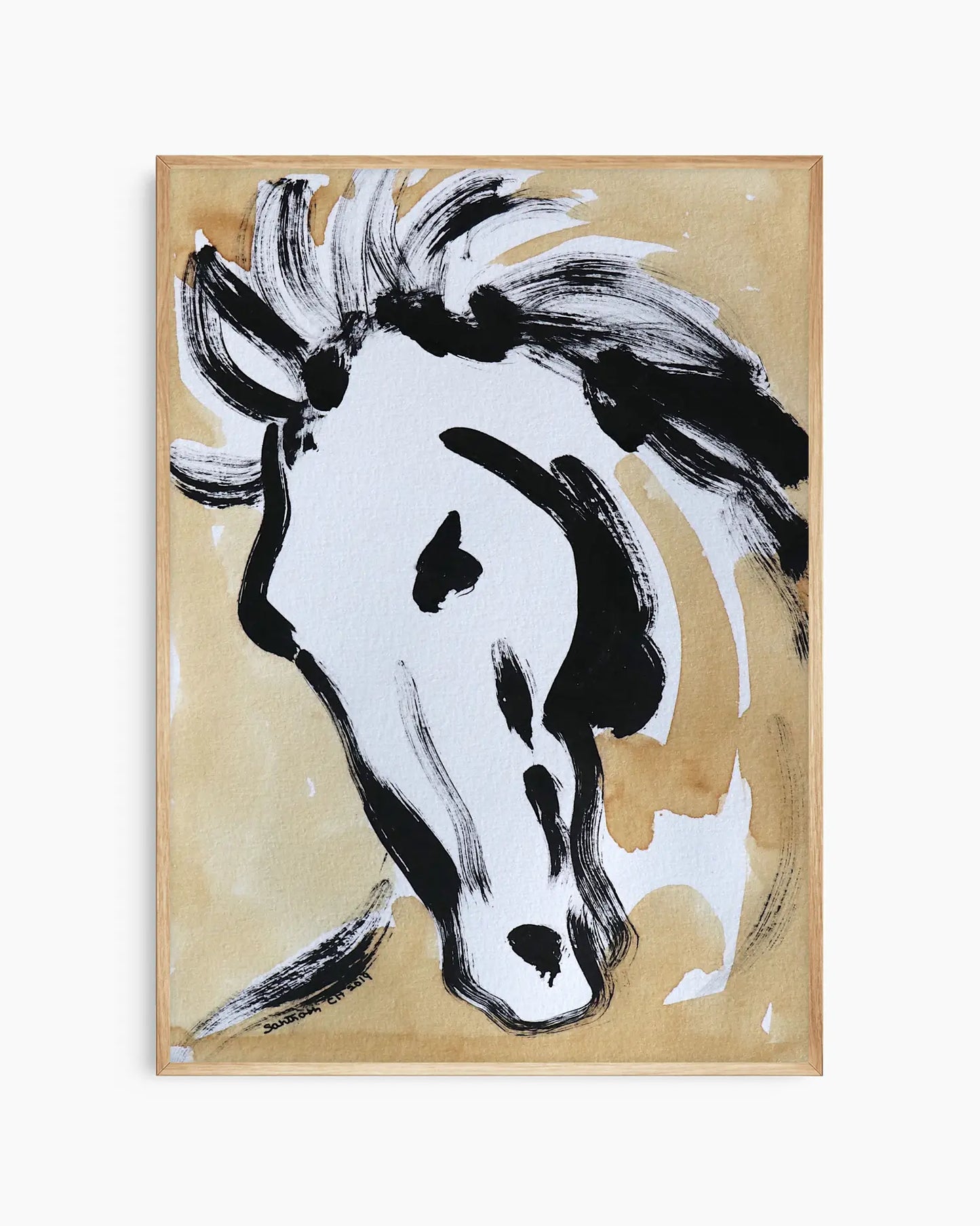 Abstract painting of a horse's head with black and white strokes on a beige background