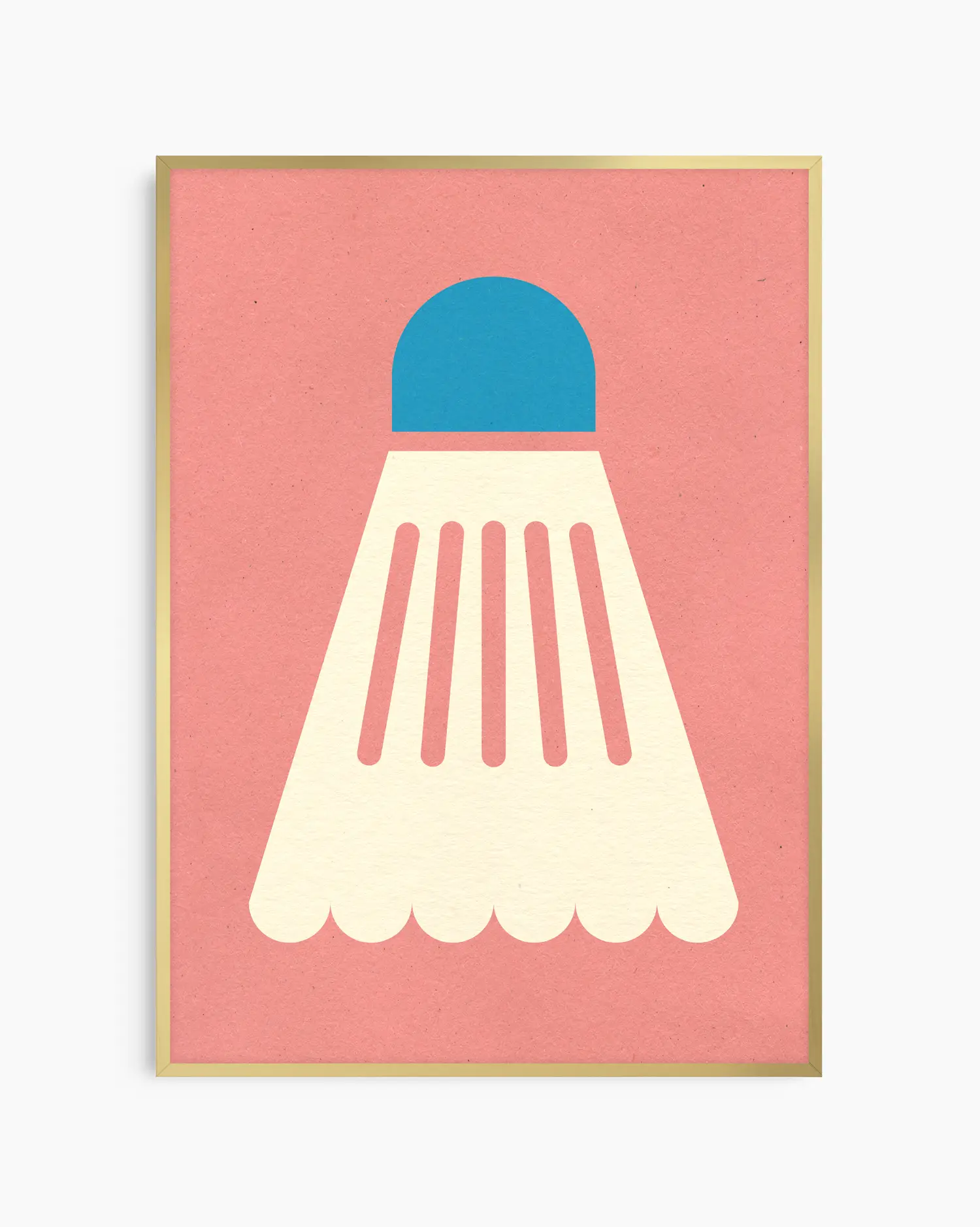 Framed artwork of a blue and white shuttlecock on a pink background