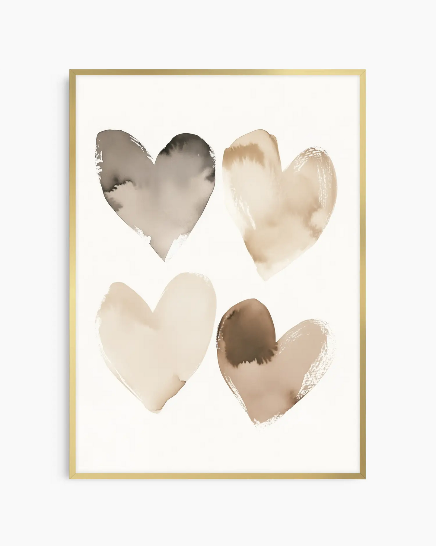 Framed artwork with four watercolor hearts in beige, brown, and gold on a white background.