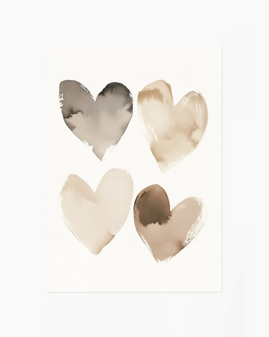 Four heart-shaped objects with watercolor-like textures on a white background