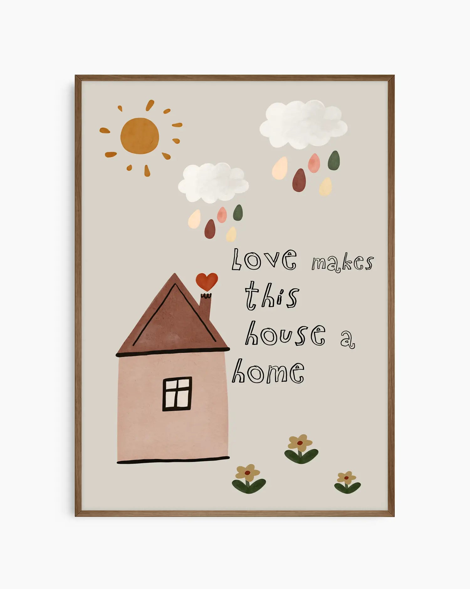 Framed artwork with a house, sun, clouds, and flowers on a beige background.