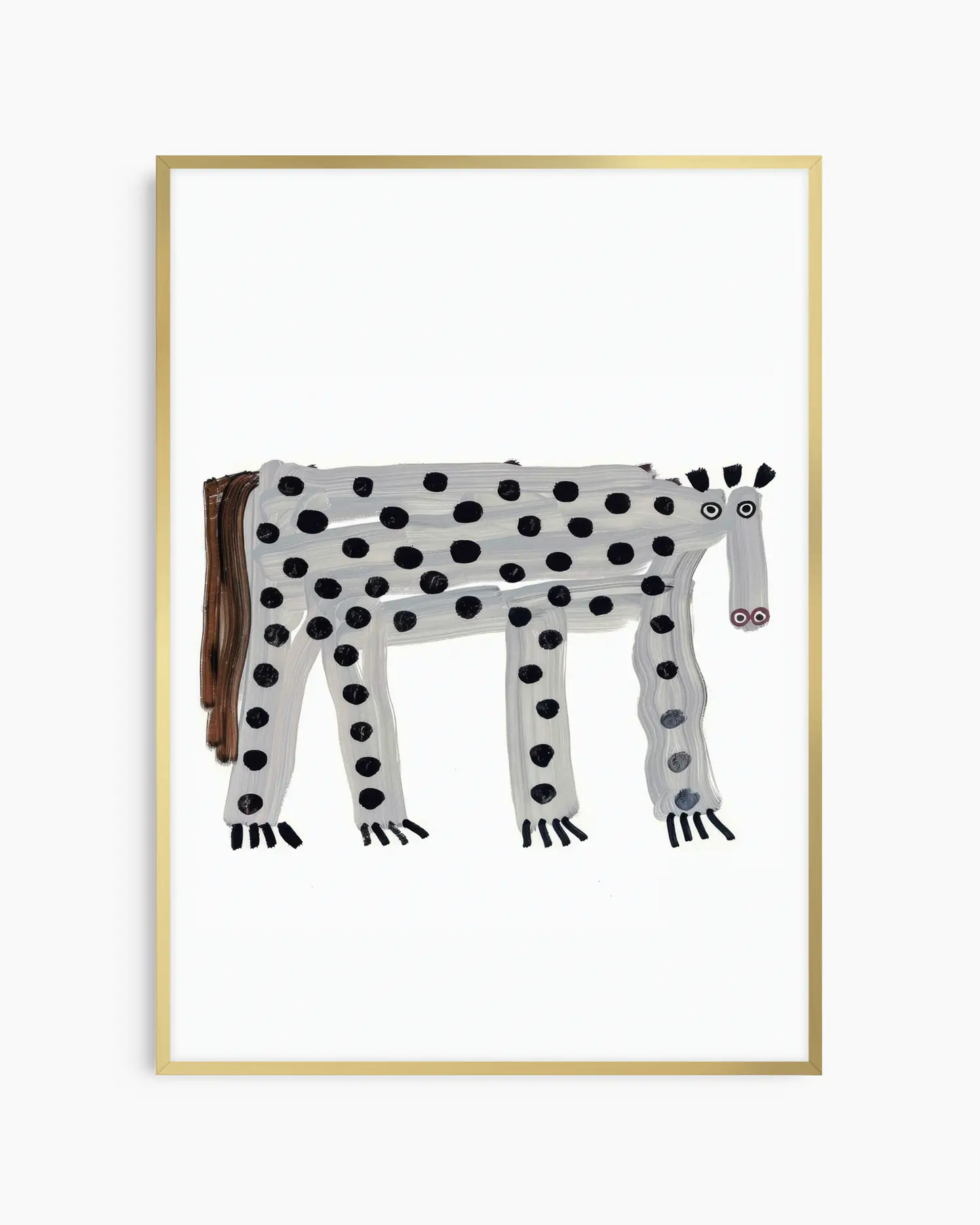 Framed artwork of a spotted horse on a white background