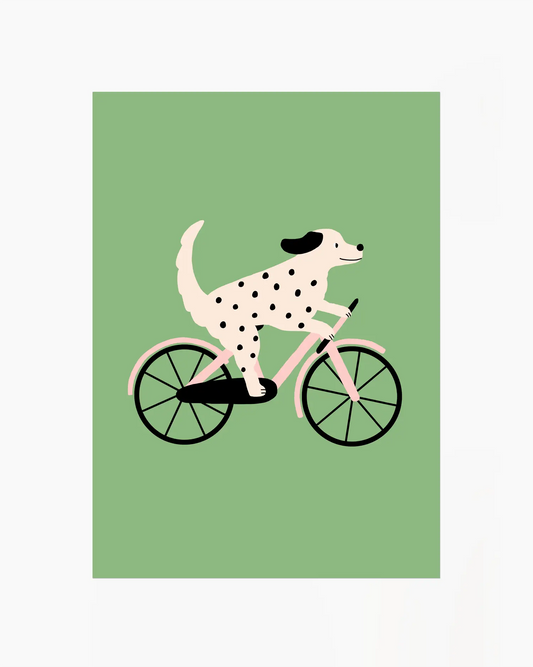 Illustration of a Dalmatian dog riding a bicycle on a green background