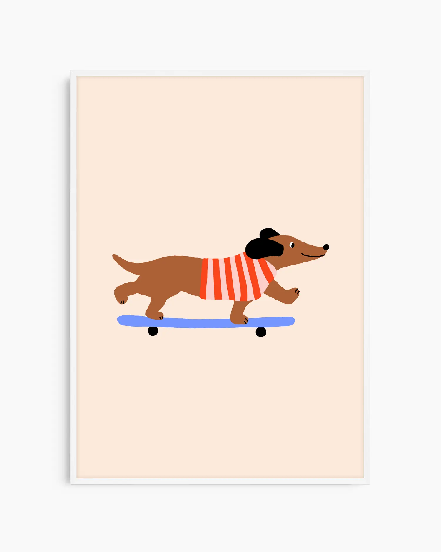 Illustration of a dachshund on a skateboard with a striped sweater on a beige background