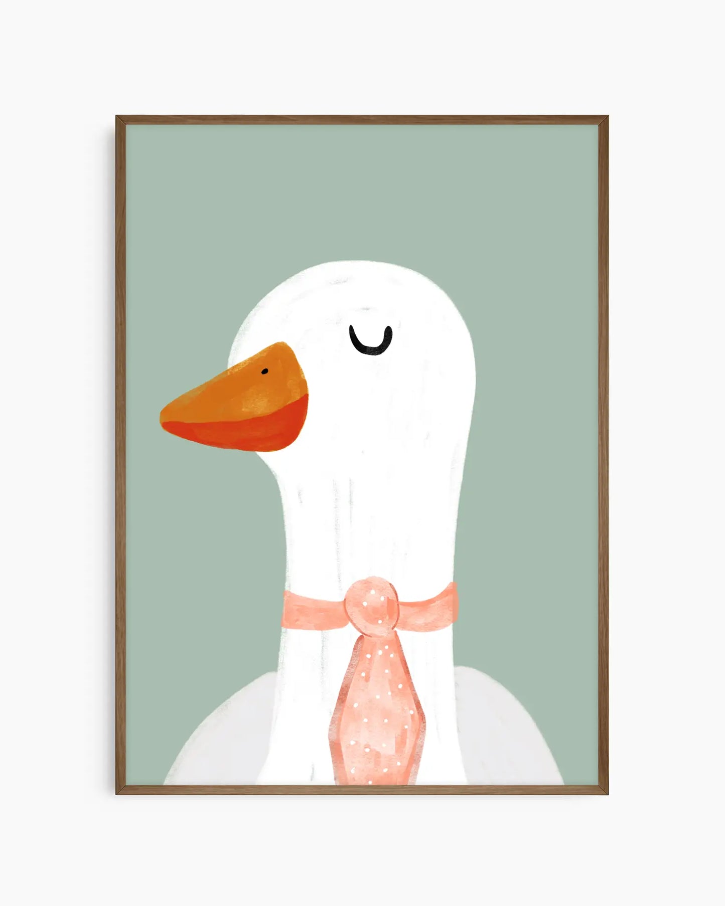Framed artwork of a white goose with an orange beak and pink bow on a light green background