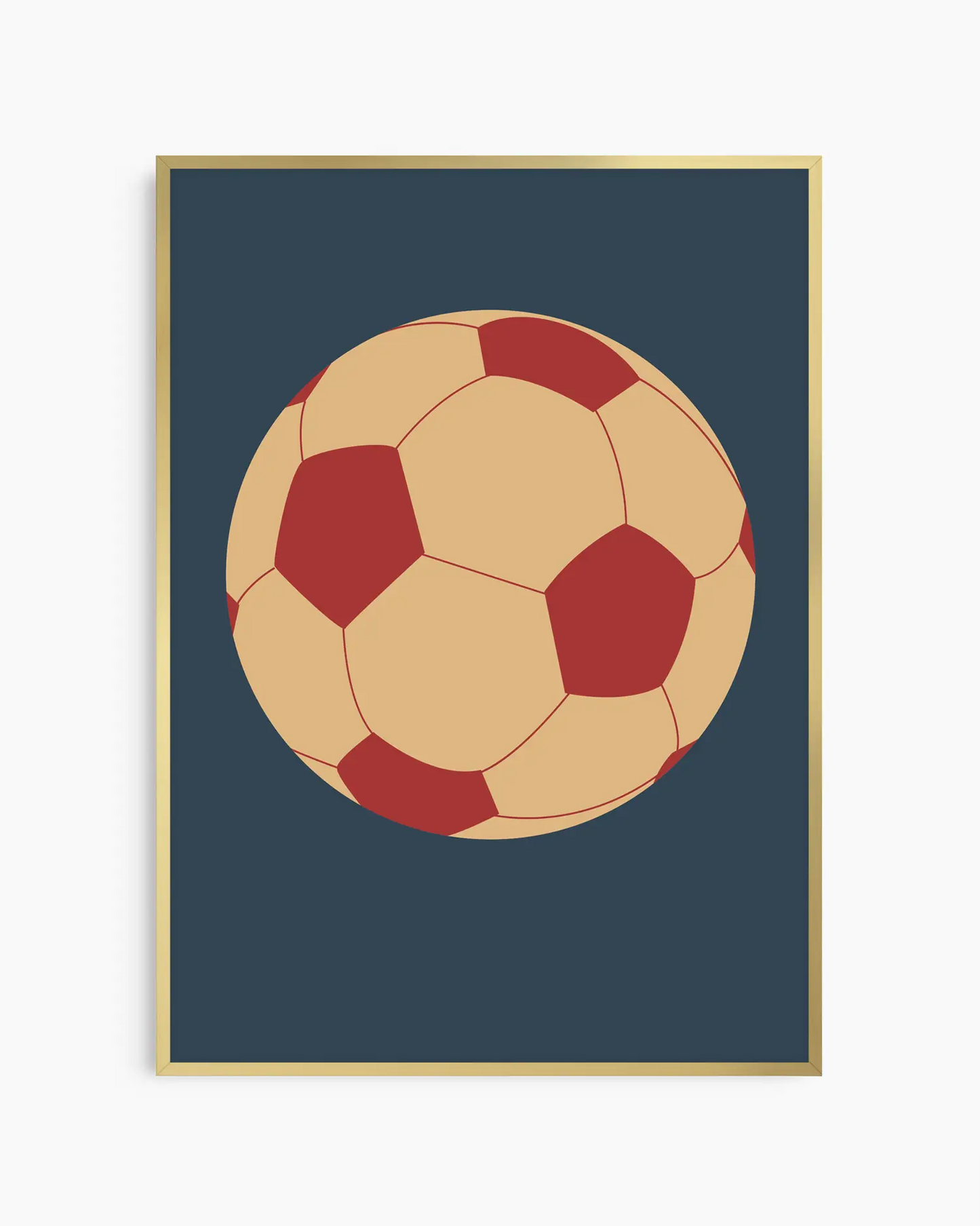 Framed artwork of a soccer ball with red and beige design on a dark blue background