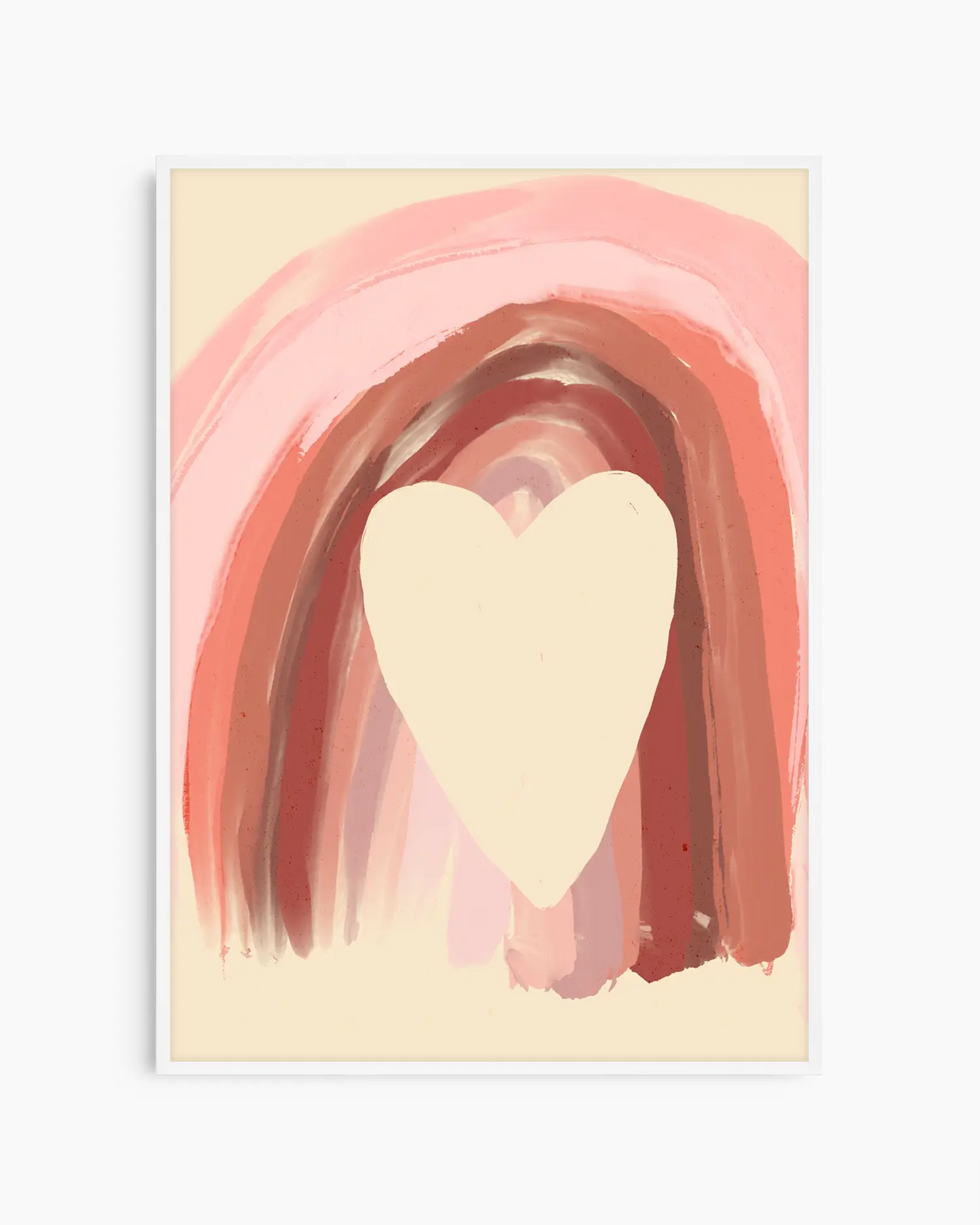 Abstract art print with a heart shape and pink arch on a beige background