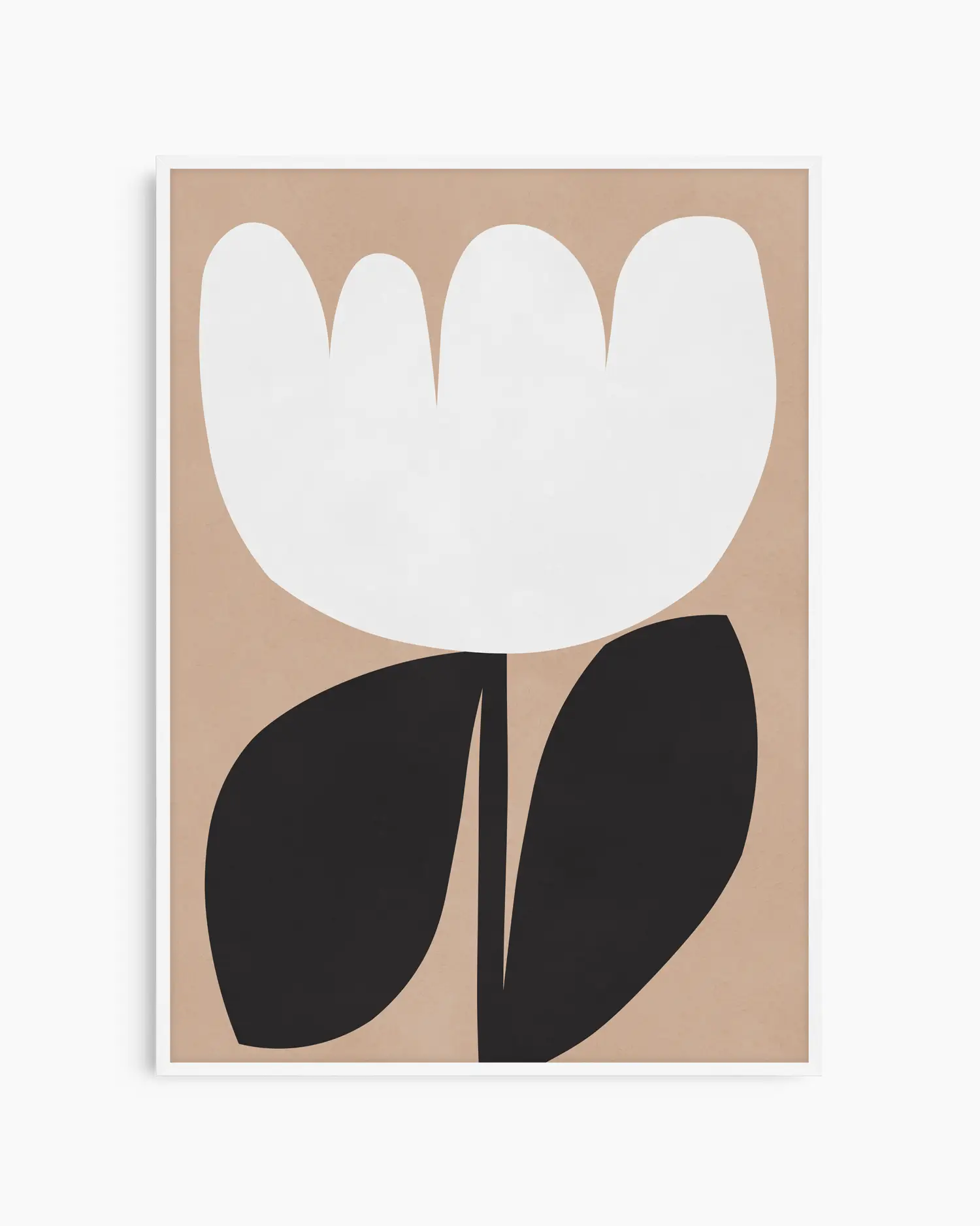Poster with a white tulip flower and black leaves on a beige background