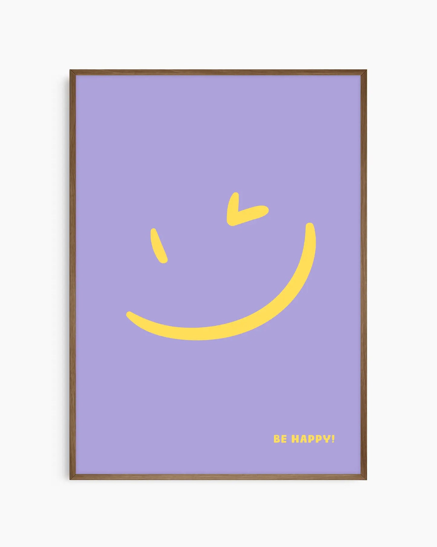 Nursery poster with a yellow smiley face and 'BE HAPPY!' text on a purple background framed in a smoked oak wooden frame.