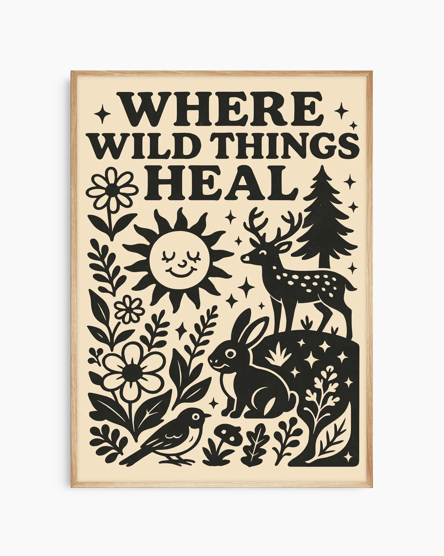 Decorative poster with nature-themed illustrations and 'Where Wild Things Heal' text on a beige background.