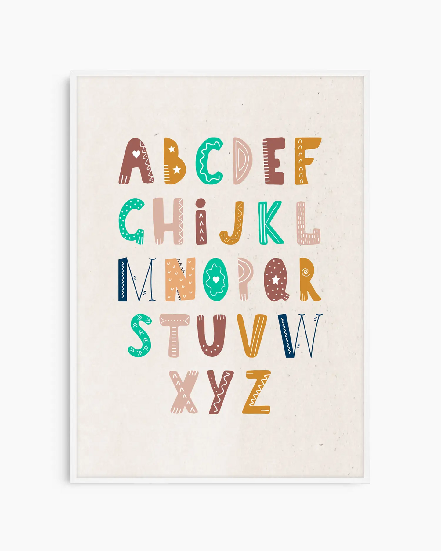 Framed alphabet poster with colorful letters on a white background