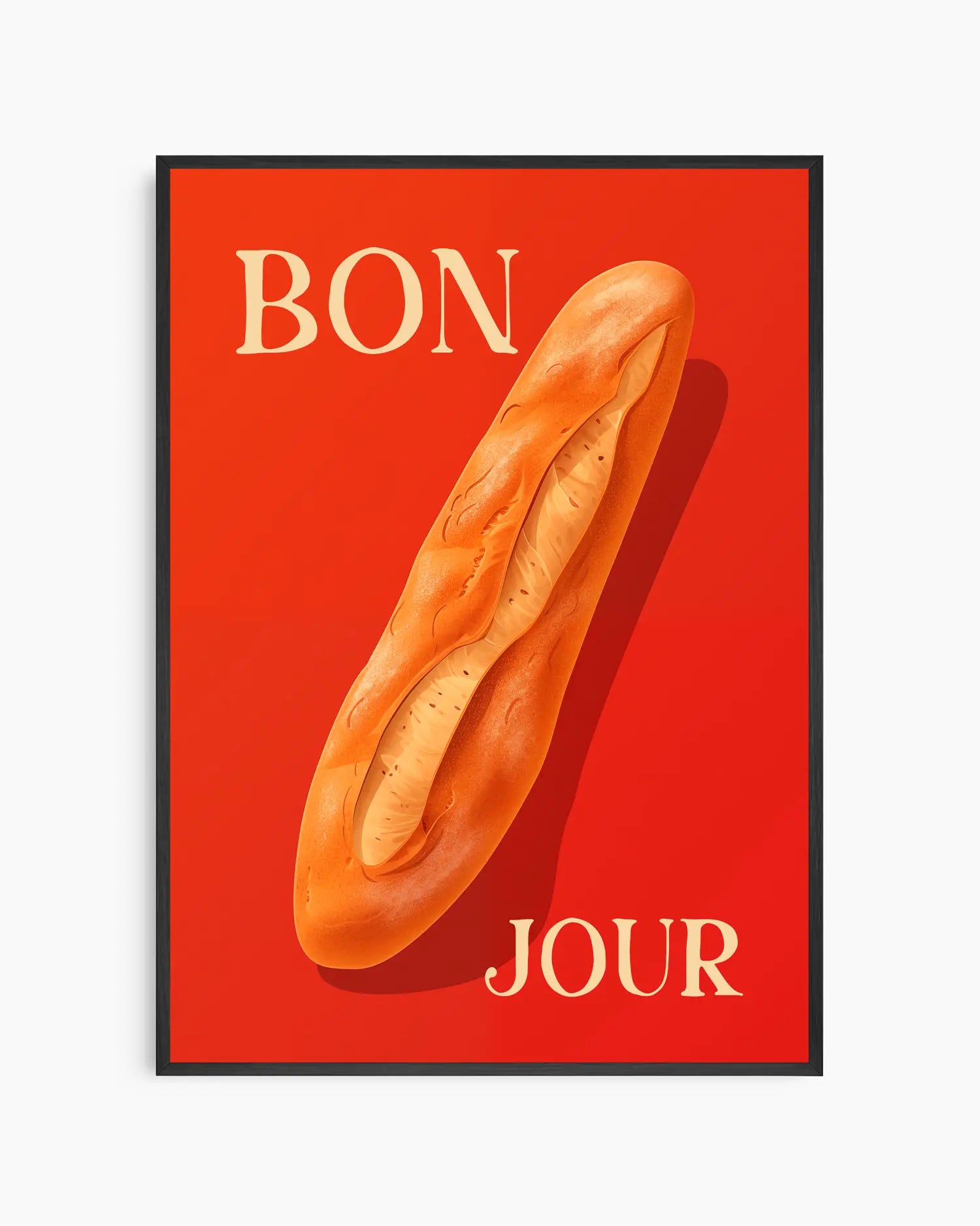 Nursery poster with a baguette on a red background with 'BONJOUR' text. Framed in a black wooden frame.