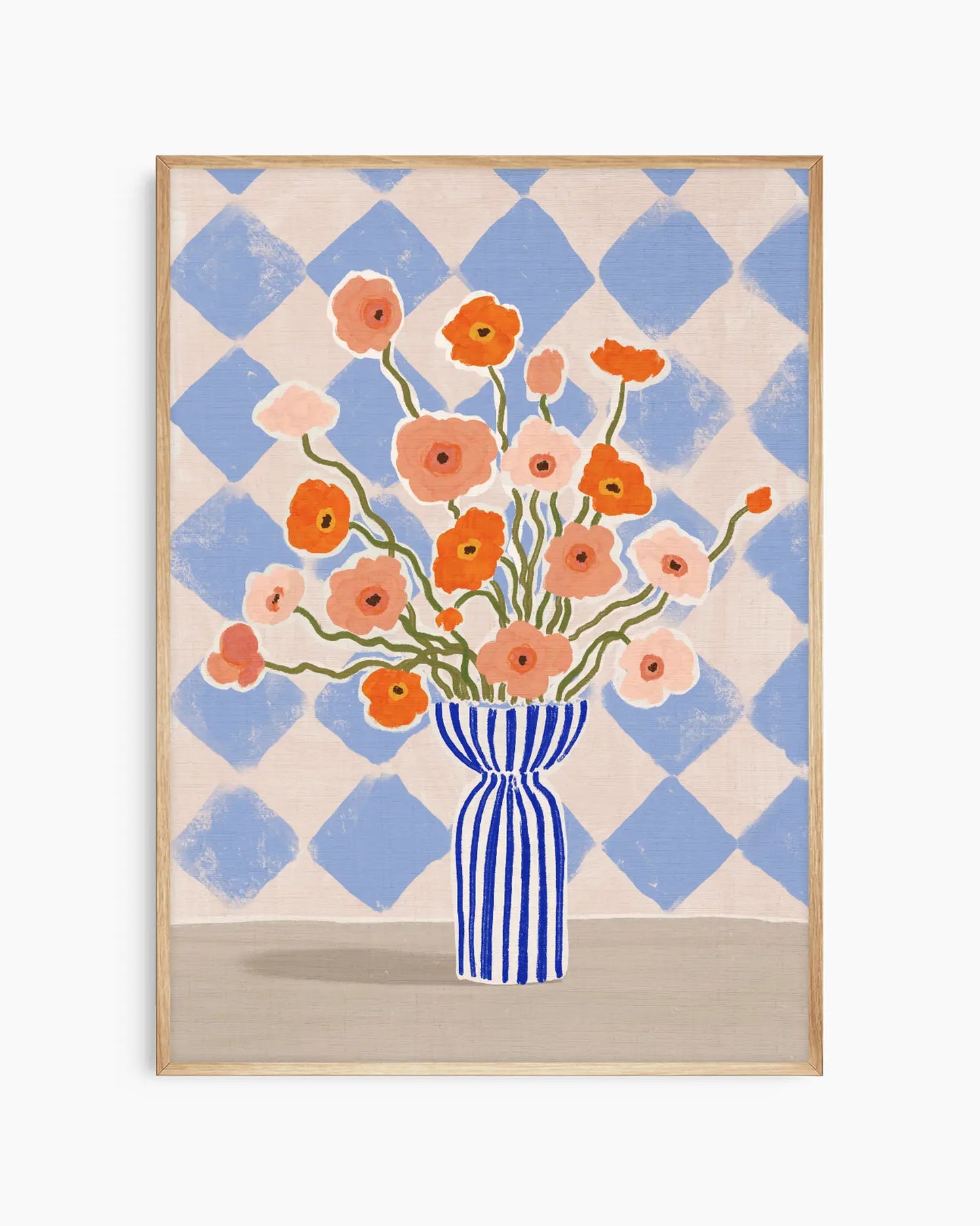 Nursery poster of a bouquet of flowers in a blue and white striped vase against a checkered background. Oak frame.